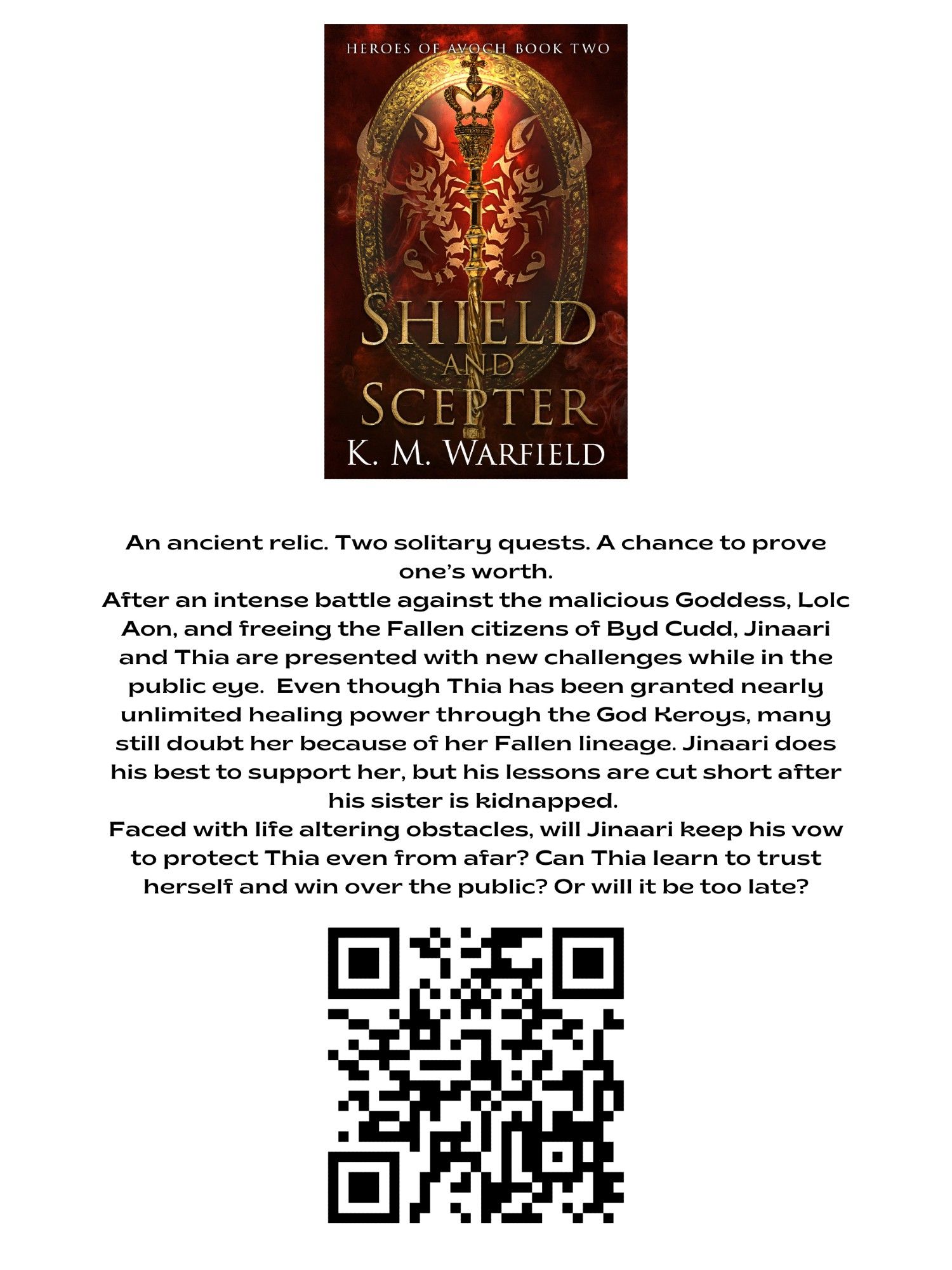 Blurb and book cover for Shield and Scepter, plus QR code to order.