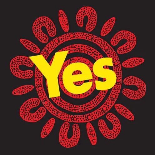 The word Yes in yellow over a red Aboriginal pattern motif on a black background.