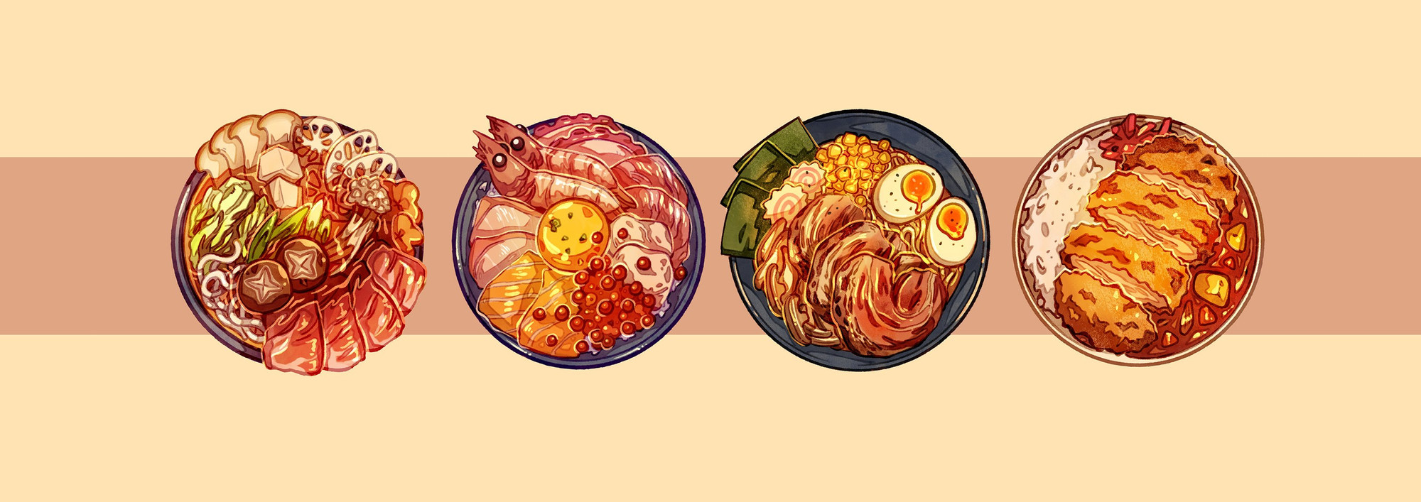 Four bowls of food on a yellow background. The first bowl being a pot of sukiyaki overflowing with meat, mushrooms and vegetables. The second, a sashimi bowl with salmon, tuna, ootoro, shrimp, and scallops that's topped with a yellow eggyolk. The fourth bowl being ramen with braised Chashu slices, runny jammy yolk, three pieces of nori seaweed, naruto fishcakes and mushrooms. The last being a plate of katsu curry, with sliced breaded katsu meat, with red pickles and Japanese curry on the side with carrots and potatoes floating in it.