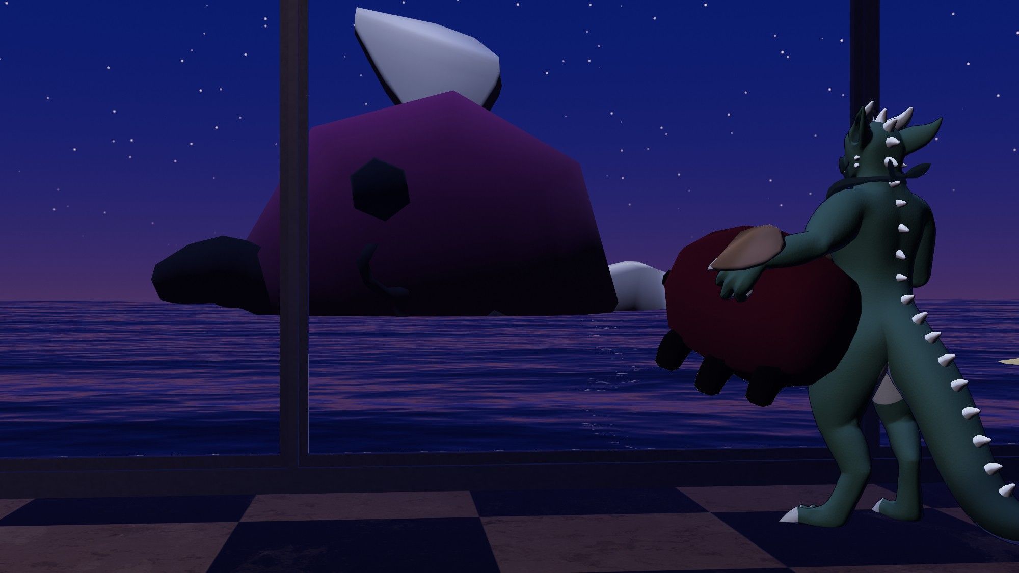 A green anthro kobold in VRChat holds an eggbug in their left arm while staring out of the window towards the sea with a kaiju-sized eggbug laying sideways in the water.