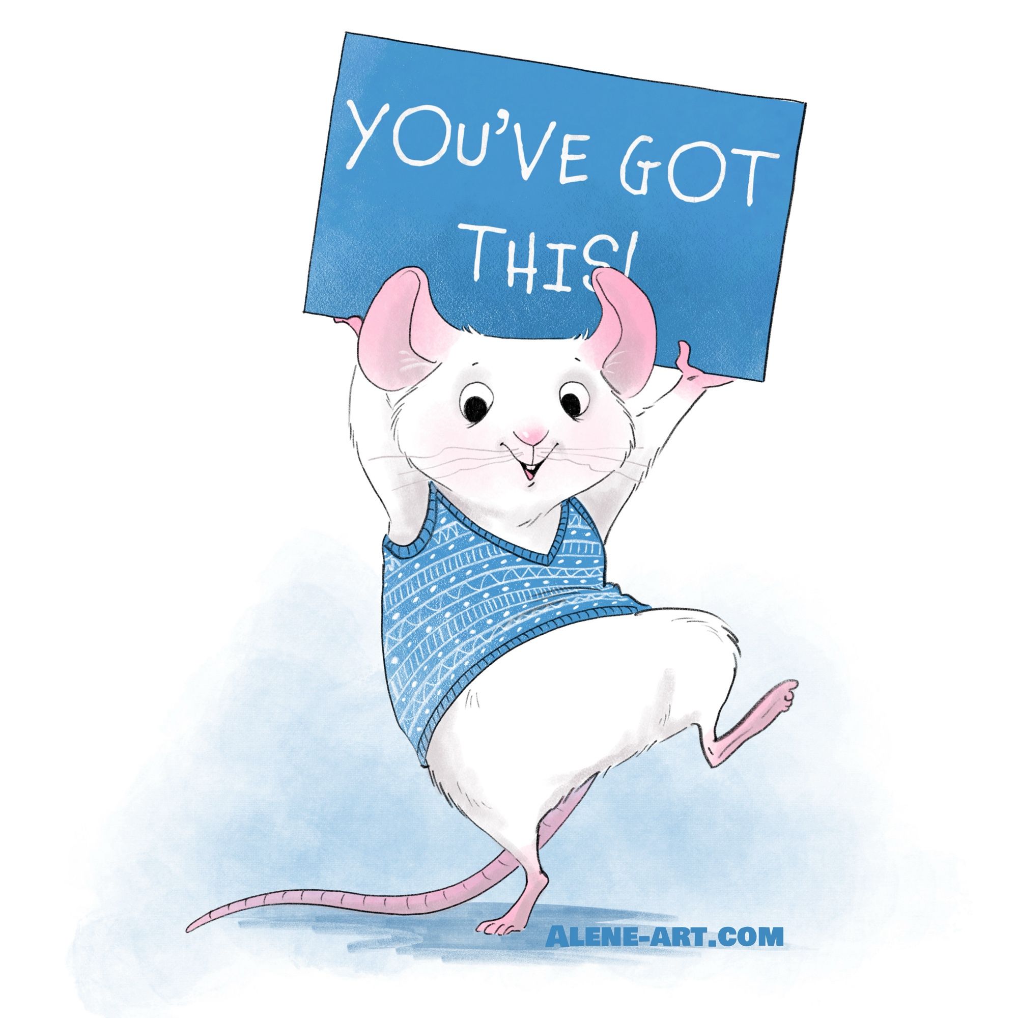 An illustration of a white mouse in a blue and white knitted vest, standing on one leg and holding up a blue sign that reads ‘You’ve got this’