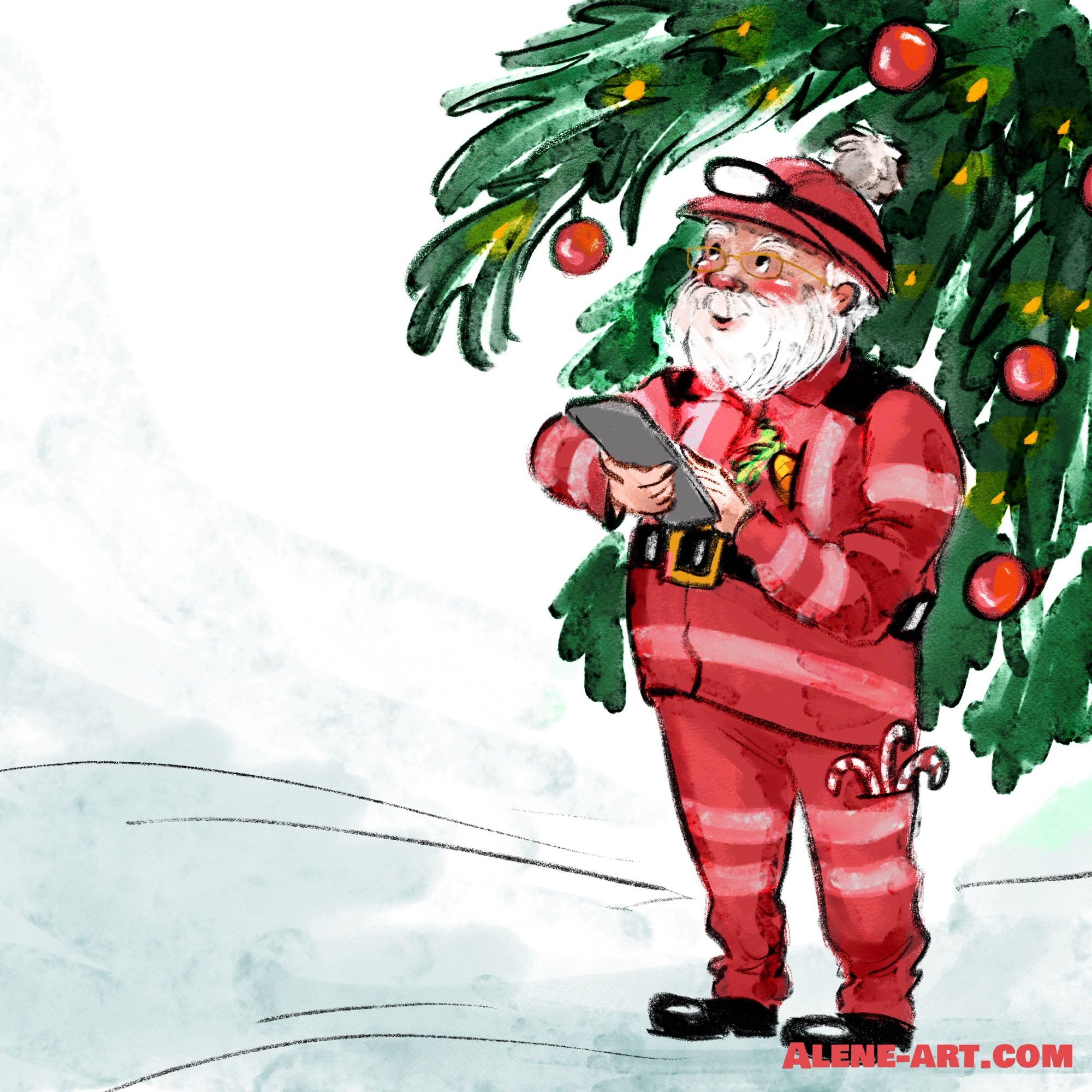 A charcoal and watercolour style digital illustration of Father Christmas, wearing red high via workwear and a hard hat with a pompom, standing under a Christmas tree and checking his list on a tablet computer.