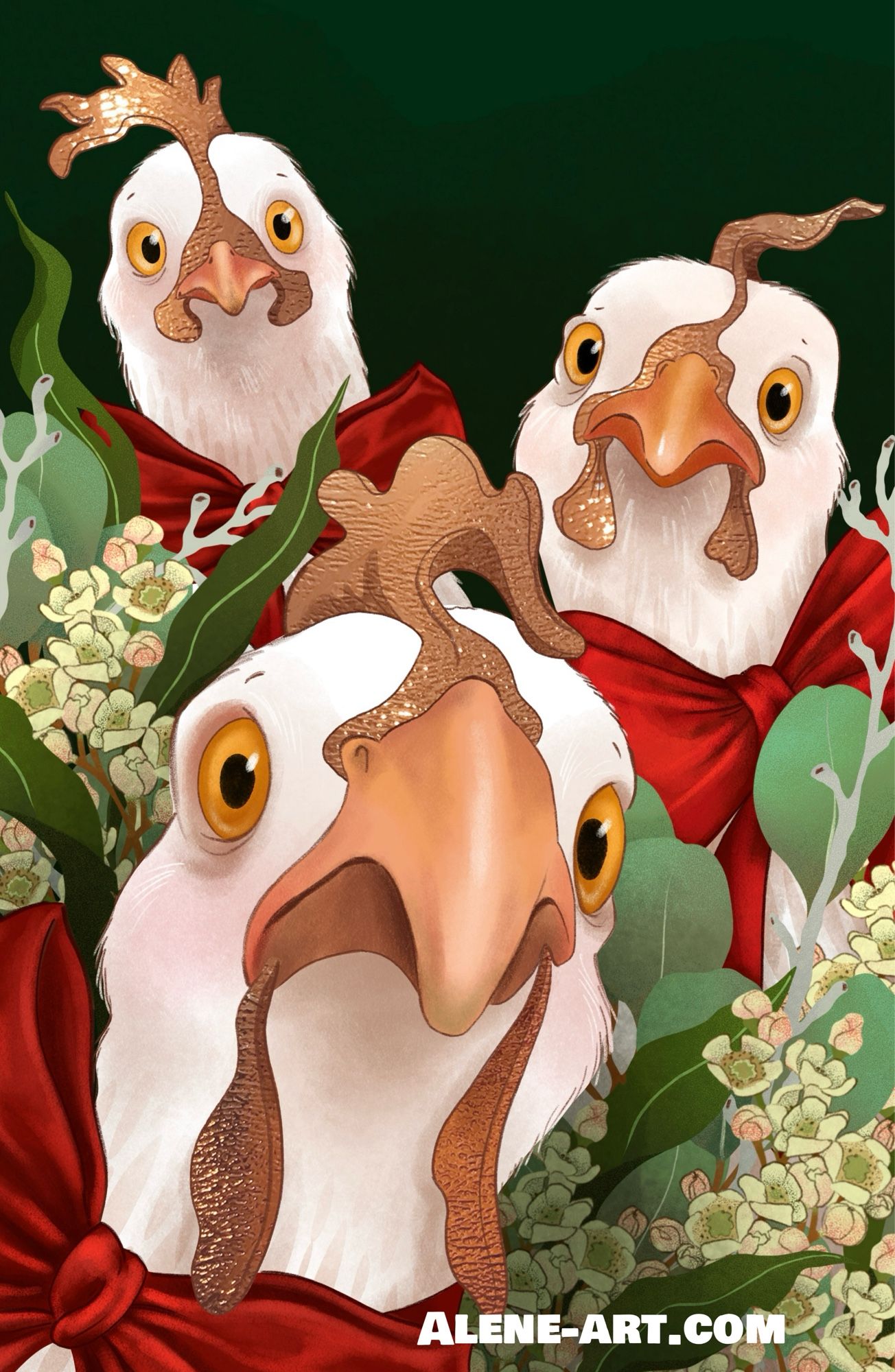 An illustration of three white hens with red bows round their neck and shiny gold combs and wattles, peering curiously at you, surrounded by festive Australian plants.