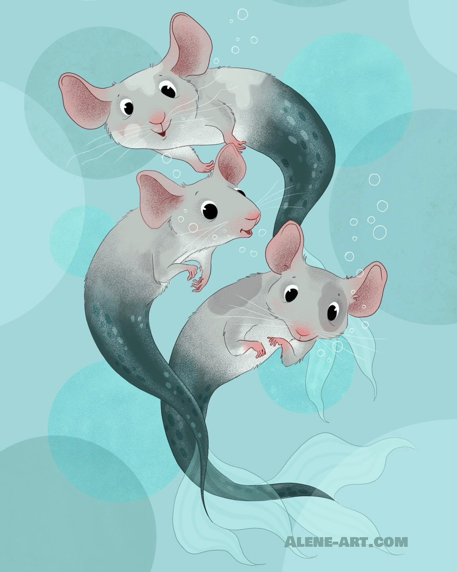 An illustration of three cute grey mermice with green tails.