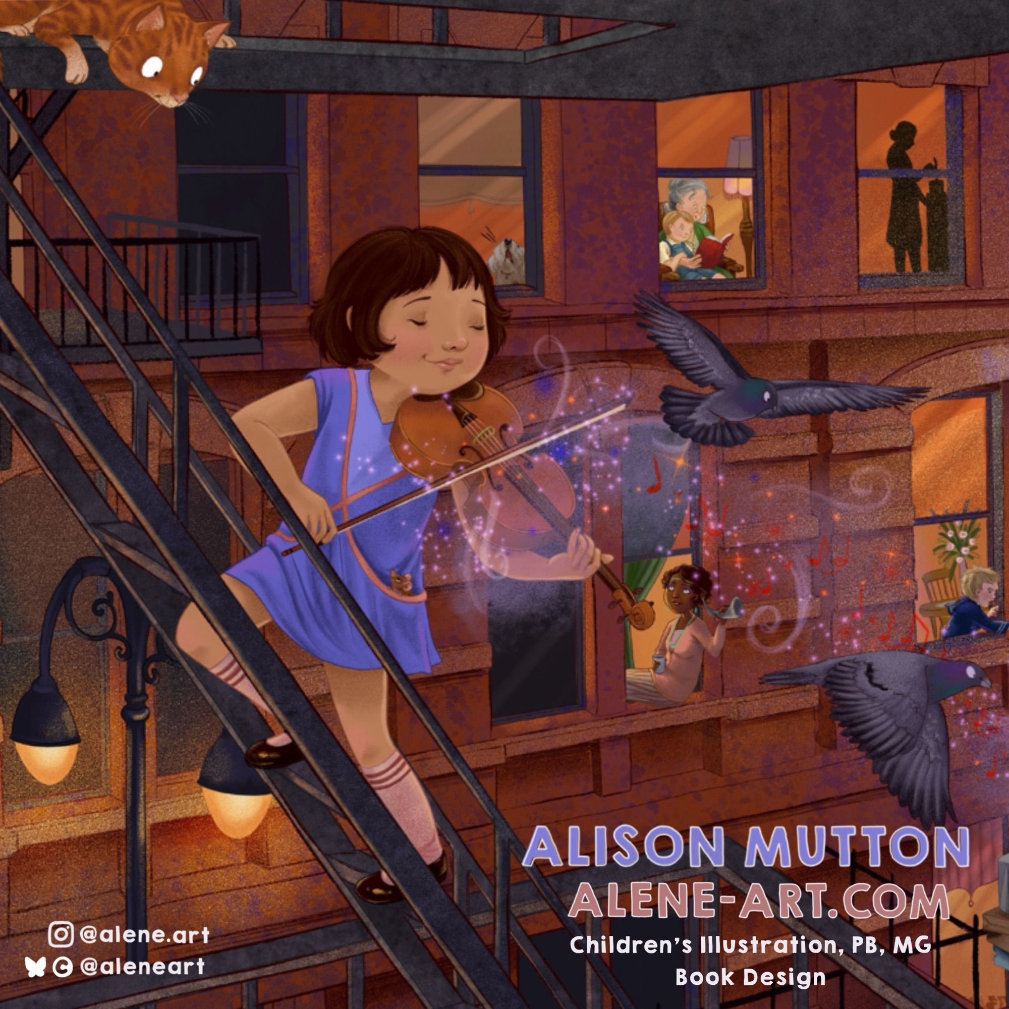 A children’s illustration of a little girl of the 1920s playing the violin on a New York fire escape, watched by an orange cat.