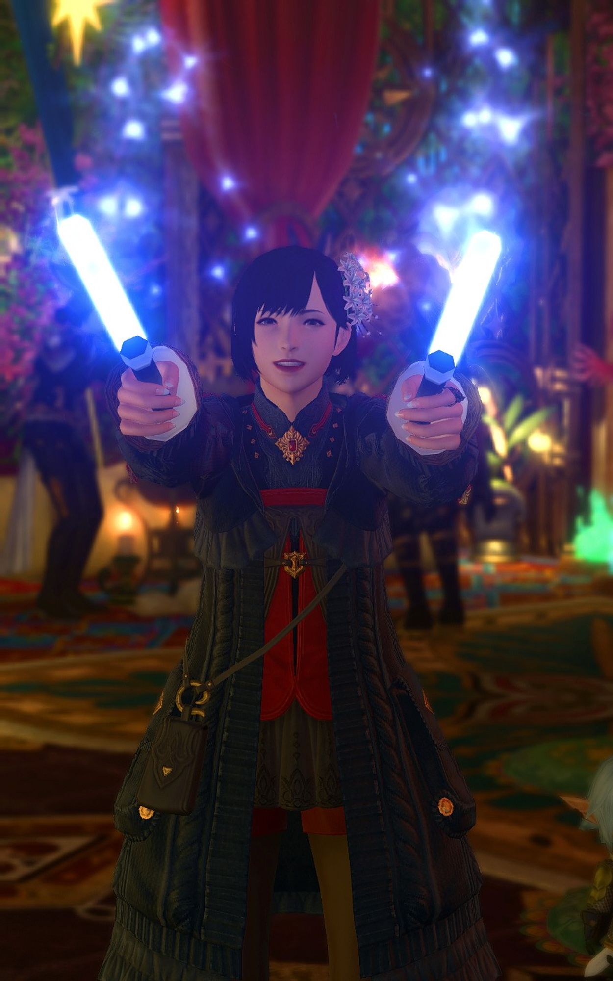 Female human character from the game Final Fantasy Fourteen with colorful lightsticks