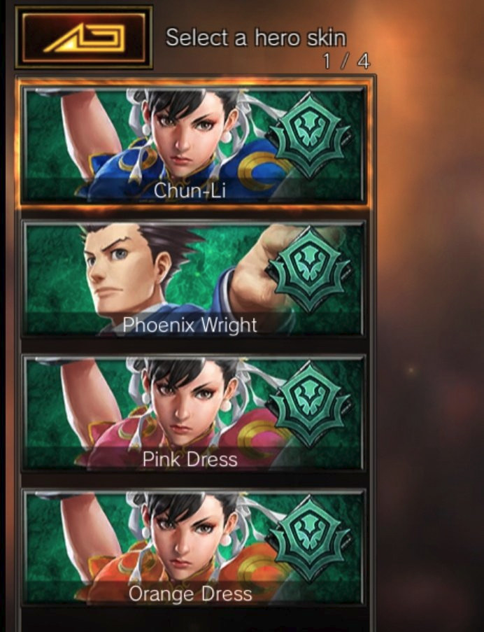 Chun-Li's skins in Teppen: Default, Phoenix Wright, Pink Dress, Orange Dress