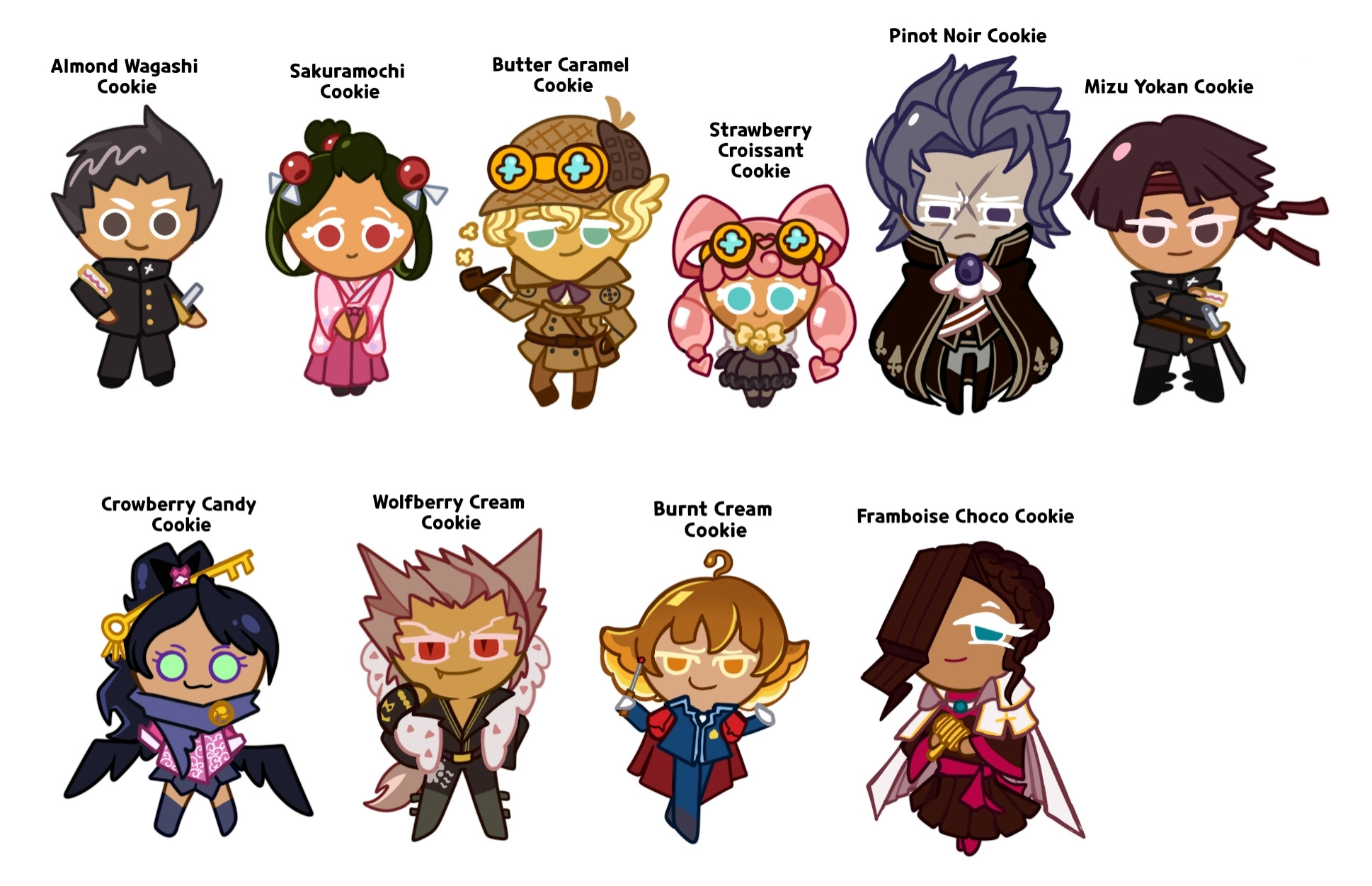 Ryunosuke Naruhodo: Almond Wagashi Cookie
Susato Mikotoba: Sakuramochi Cookie
Herlock Sholmes: Butter Caramel Cookie
Iris Wilson: Strawberry Croissant Cookie
Barok van Zieks: Pinot Noir Cookie
Kazuma Asogi: Mizu Yokan Cookie
Kay Faraday: Crowberry Candy Cookie
Shi-Long Lang: Wolfberry Cream Cookie
... Eustace Winner: Burnt Cream Cookie
Verity Gavèlle: Framboise Choco Cookie