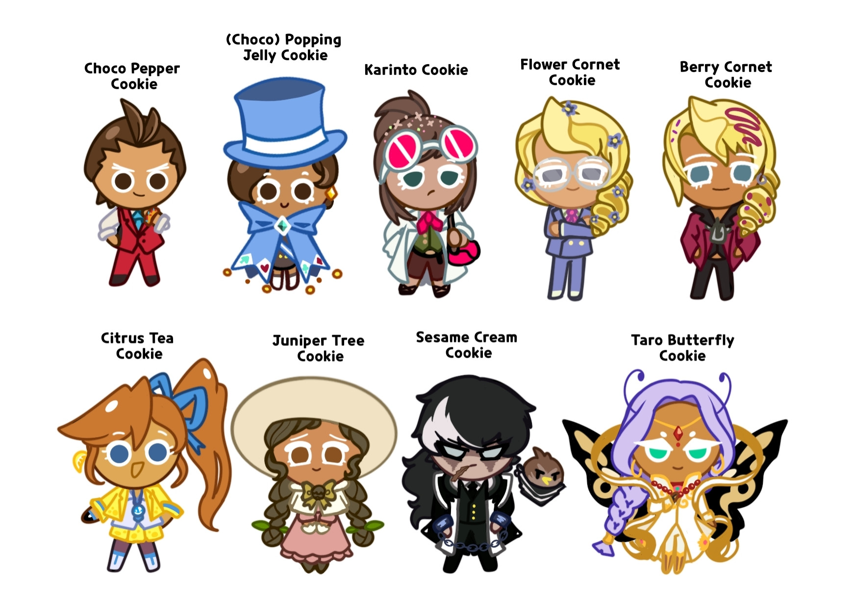 Apollo Justice: Choco Pepper Cookie
Trucy Wright: (Choco) Popping Jelly Cookie
Ema Skye: Karinto Cookie
Kristoph Gavin: Flower Cornet Cookie
Klavier Gavin: Berry Cornet Cookie
Athea Cykes: Citrus Tea Cookie
Juniper Woods: Juniper Tree Cookie
Simon Blackquill: Sesame Cream Cookie
Nahyuta Sahdmadhi: Taro Butterfly Cookie