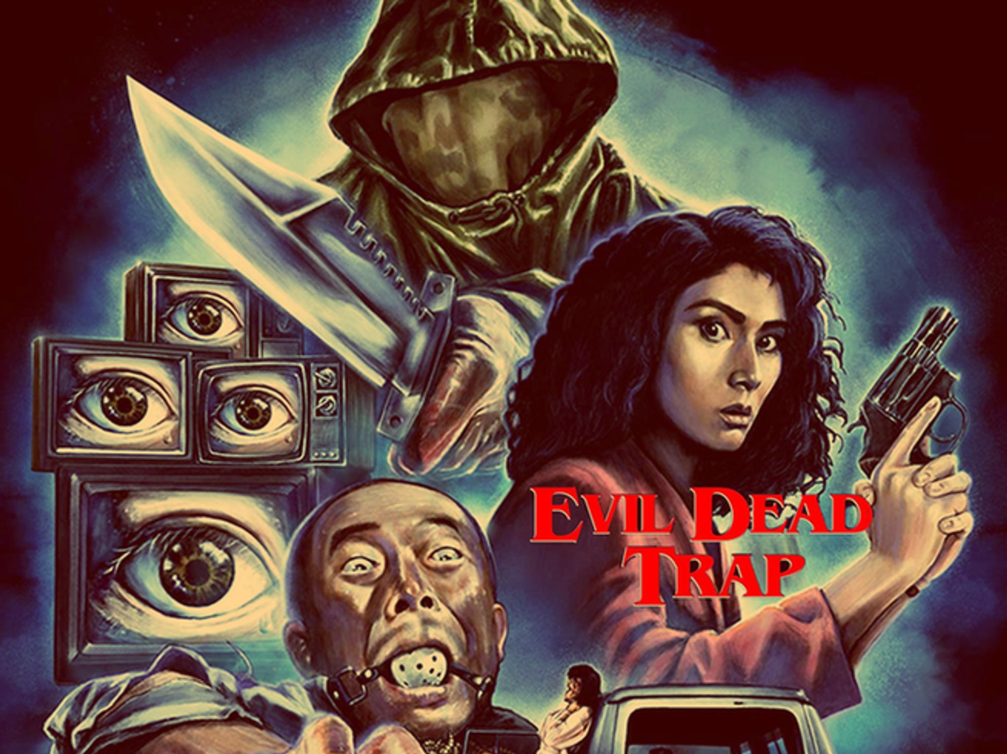 A bonkers movie poster for a bonkers movie: A collage of images of a masked man in a hoodie with a hunting knife, a woman with a snub-nosed revolver, a man wearing a ball-gag, a stack of four televisions all showing a closeup of an eye, a woman leaning on a SUV. Red text on the lower right: Evil Dead Trap 