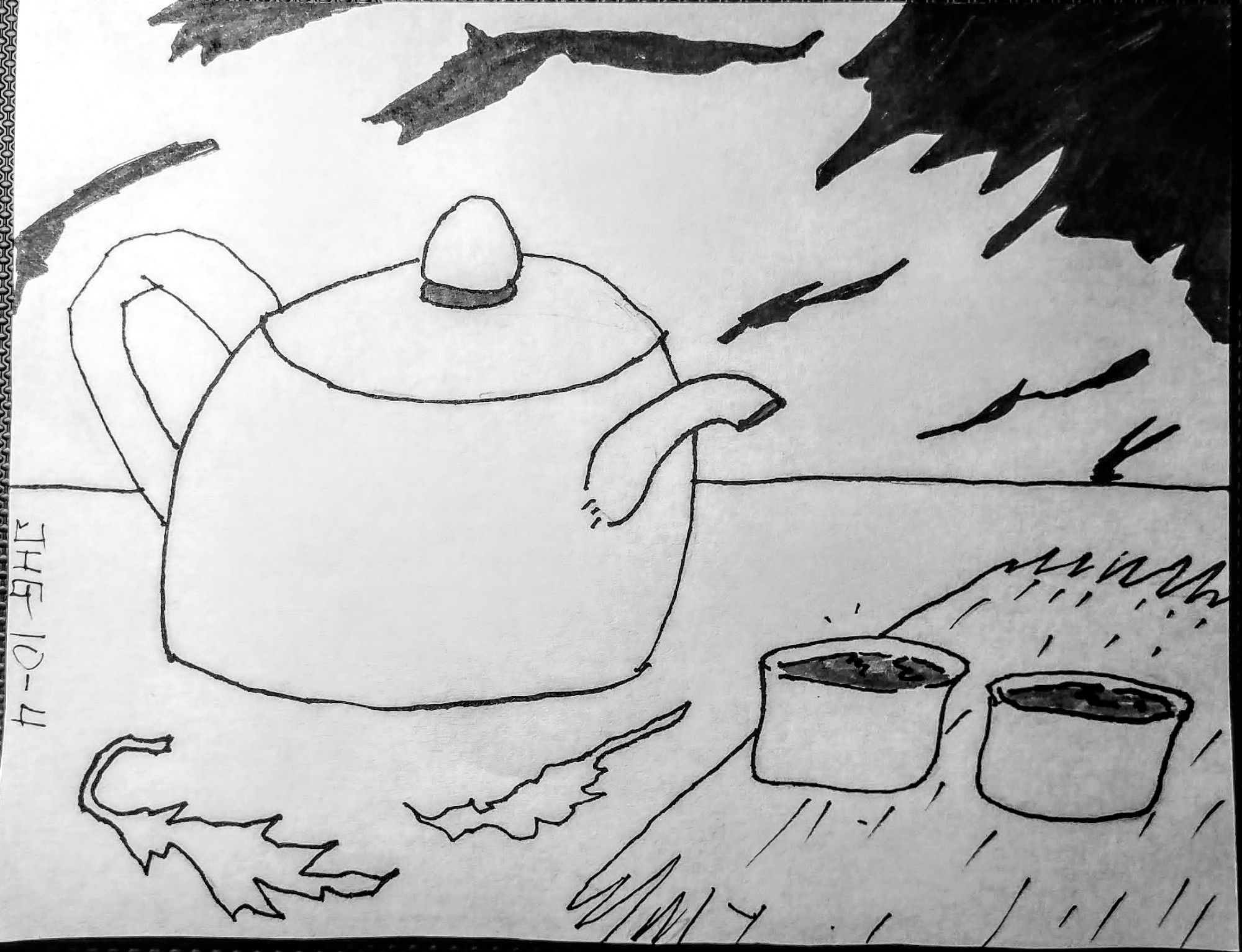 black and white ink sketch of a teapot and teacups on a table with fall leaves on the table.