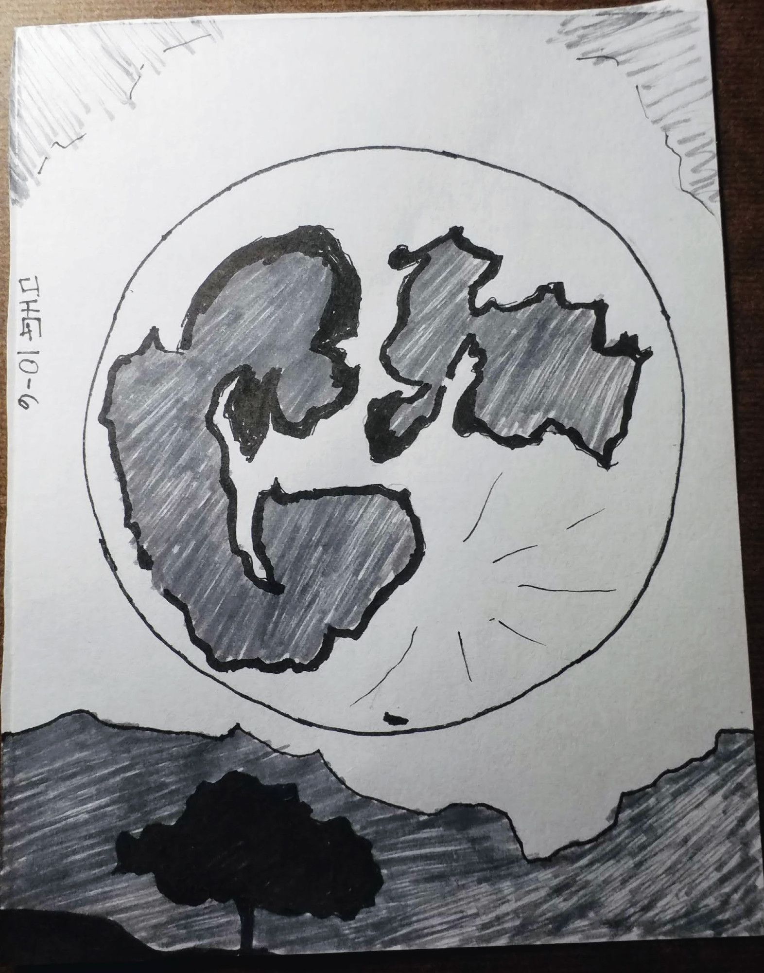 black and white ink sketch of the moon over a mountain range with a lone tree in the foreground.