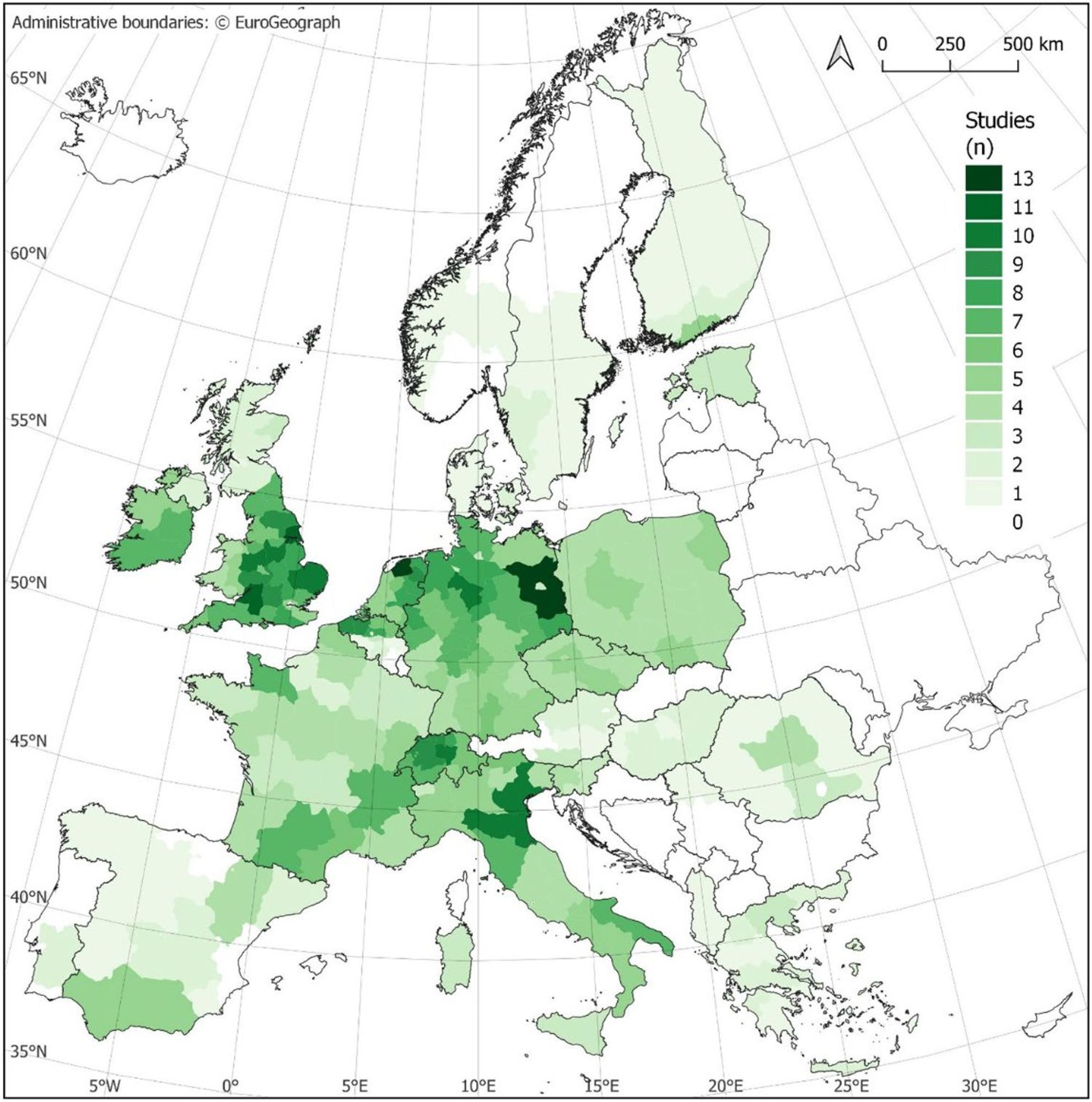 Spatial distribution of study areas of the articles reviewed based on NUTS-2 level regions. Source Klebl et al., (2023)