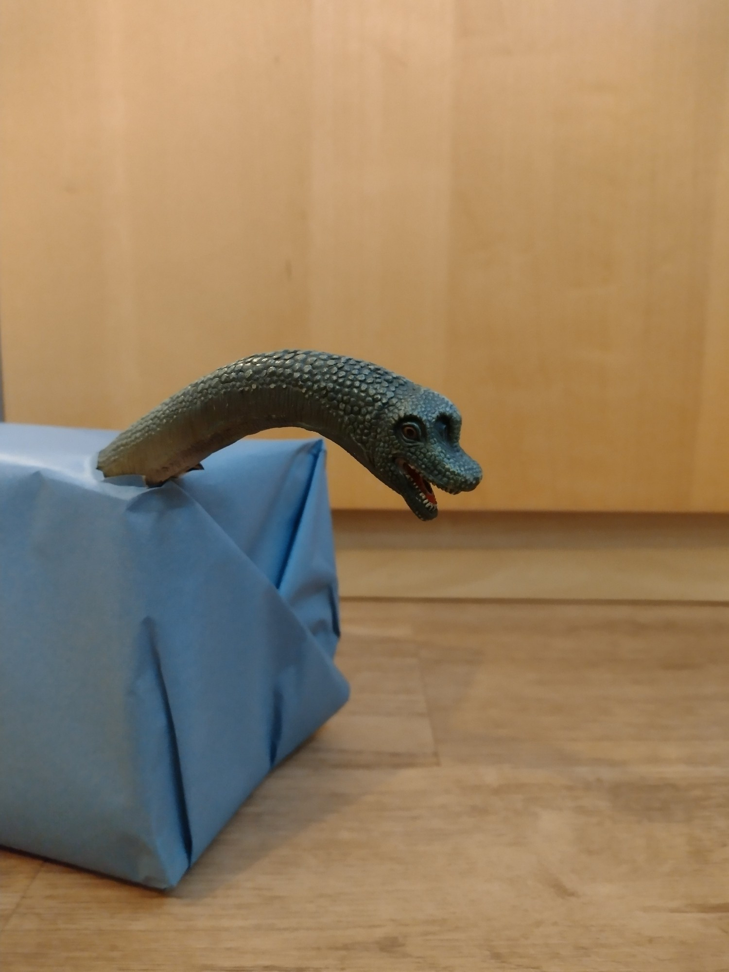 Aus einem rechteckigen Objekt, das mit Geschenkpapier verpackt wurde, ragt der Kopf eines Dinosauriers mit langem Hals. Es ist offensichtlich, dass das Behältnis nicht groß genug war, um den Dino komplett zu verdecken. 

Das Geschenkpapier ist blau. Das Geschenk steht auf Boden in Holzoptik vor einem Schrank ebenfalls in Holzoptik.