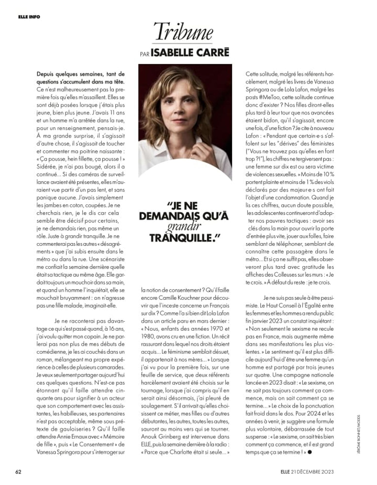 Tribune de Isabelle Carré "Je ne demandais qu'à grandir tranquille" dans Elle du 21 décembre 2023.