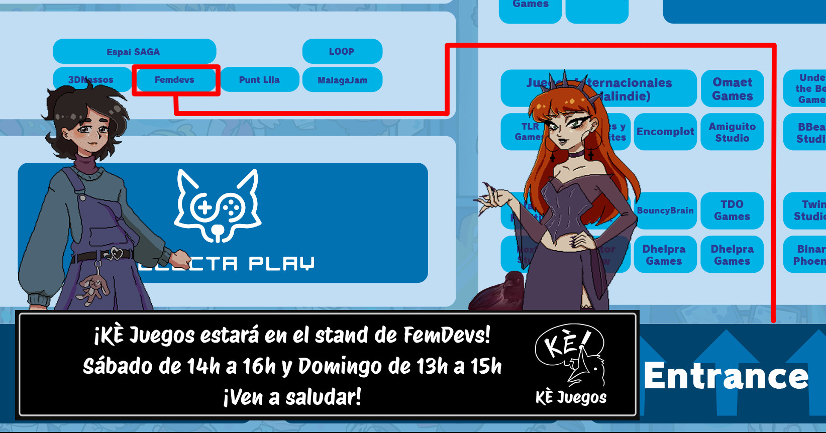 Mapa del evento, señalado el stand de Femdevs, al entrar a la izquierda. En la imagen dos protagonistas de Rite Back, el juego del estudio KÈ Juegos y su hurraca Pica Pica.