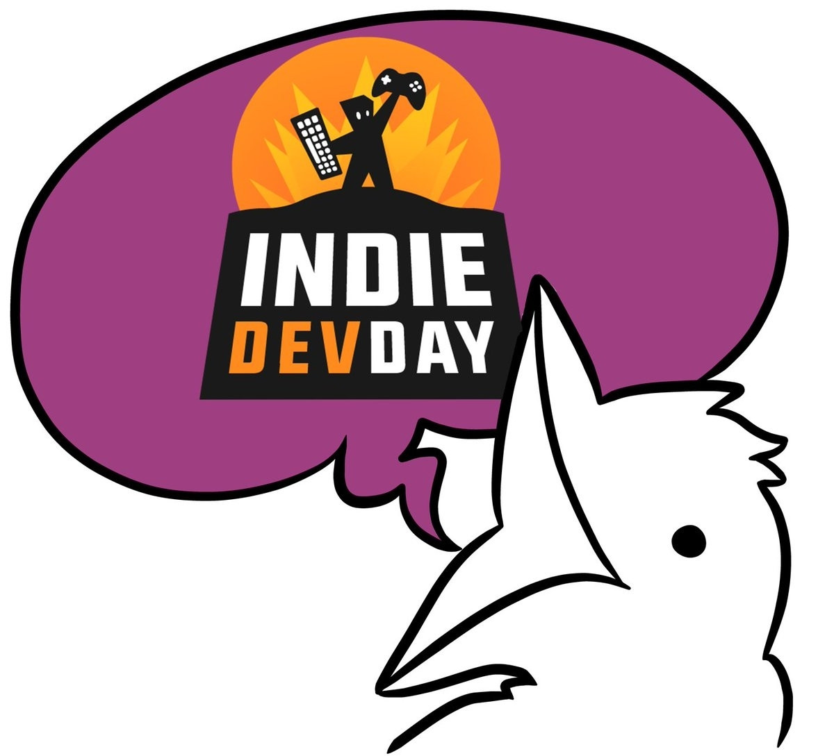 Logo de kè juego, una hurraca con un bocadillo de diálogo con el logo de indiedevday dentro