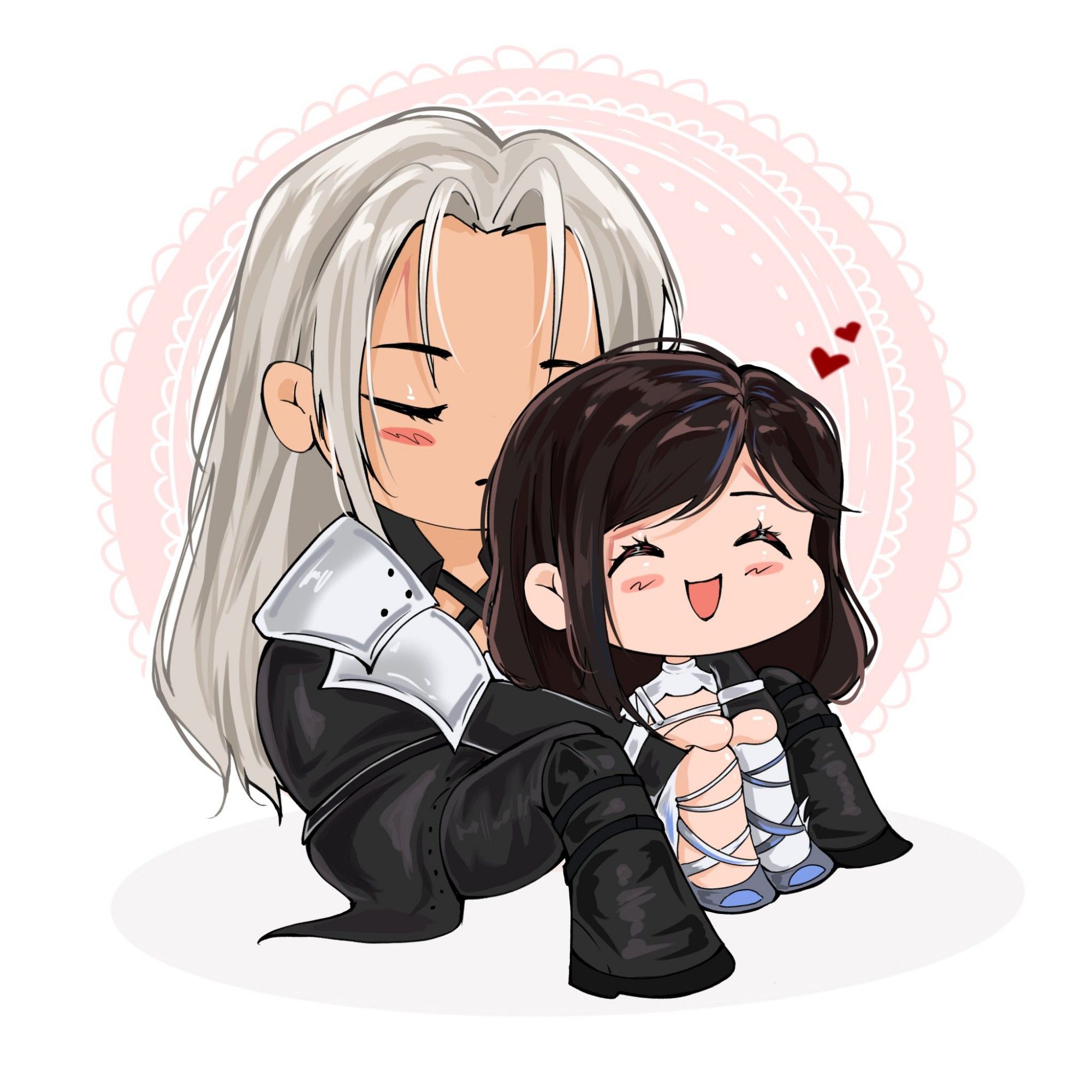 Sephiroth hugs Tifa from behind while sitting down together.