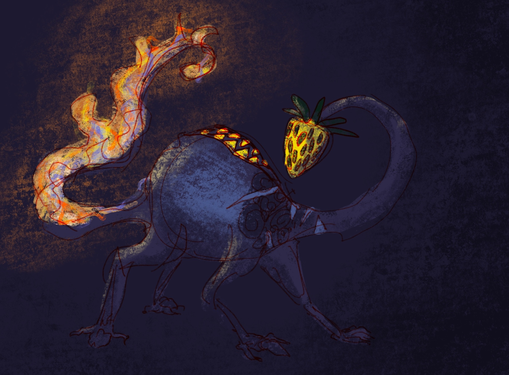 A greyish creature with a round body and slender digitigrade legs that end in humanoid hands, except with a thumb on each side. Where its spine should be, there is a giant maw with sharp, yellow teeth. The same yellow as the “head” on a long appendage that is positioned where a neck would usually be. It looks like a strawberry, except the seeds are pitch black eyes. Where the neck meets the torso, its skin is heavily scarred. There are lighter scars from deep cuts and darker, circular scars where other necks once were. It also has a prehensile tail laced in fire.