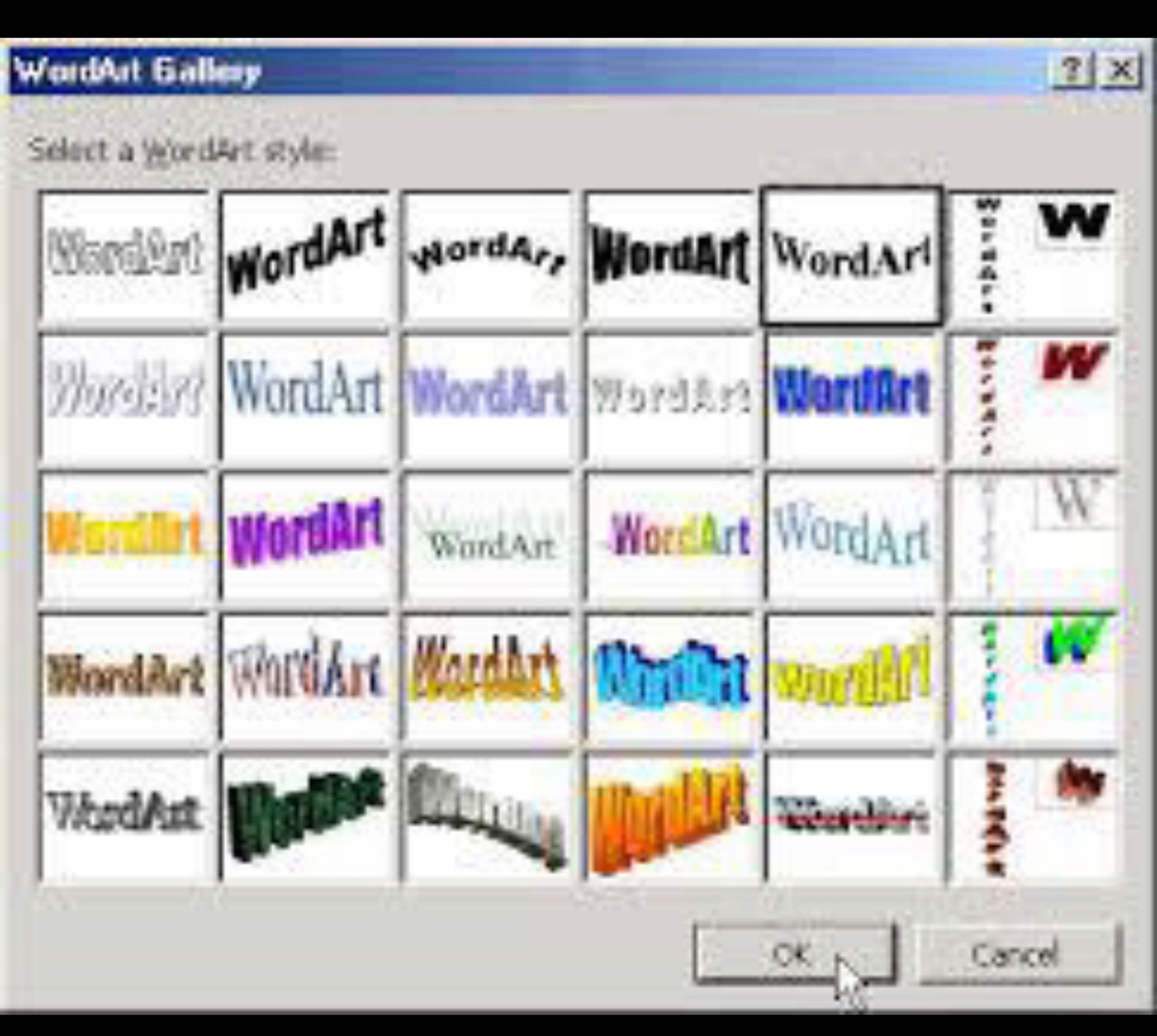 A picture of the old Windows 95 I think Microsoft Word WordArt gallery of possible word art effects.