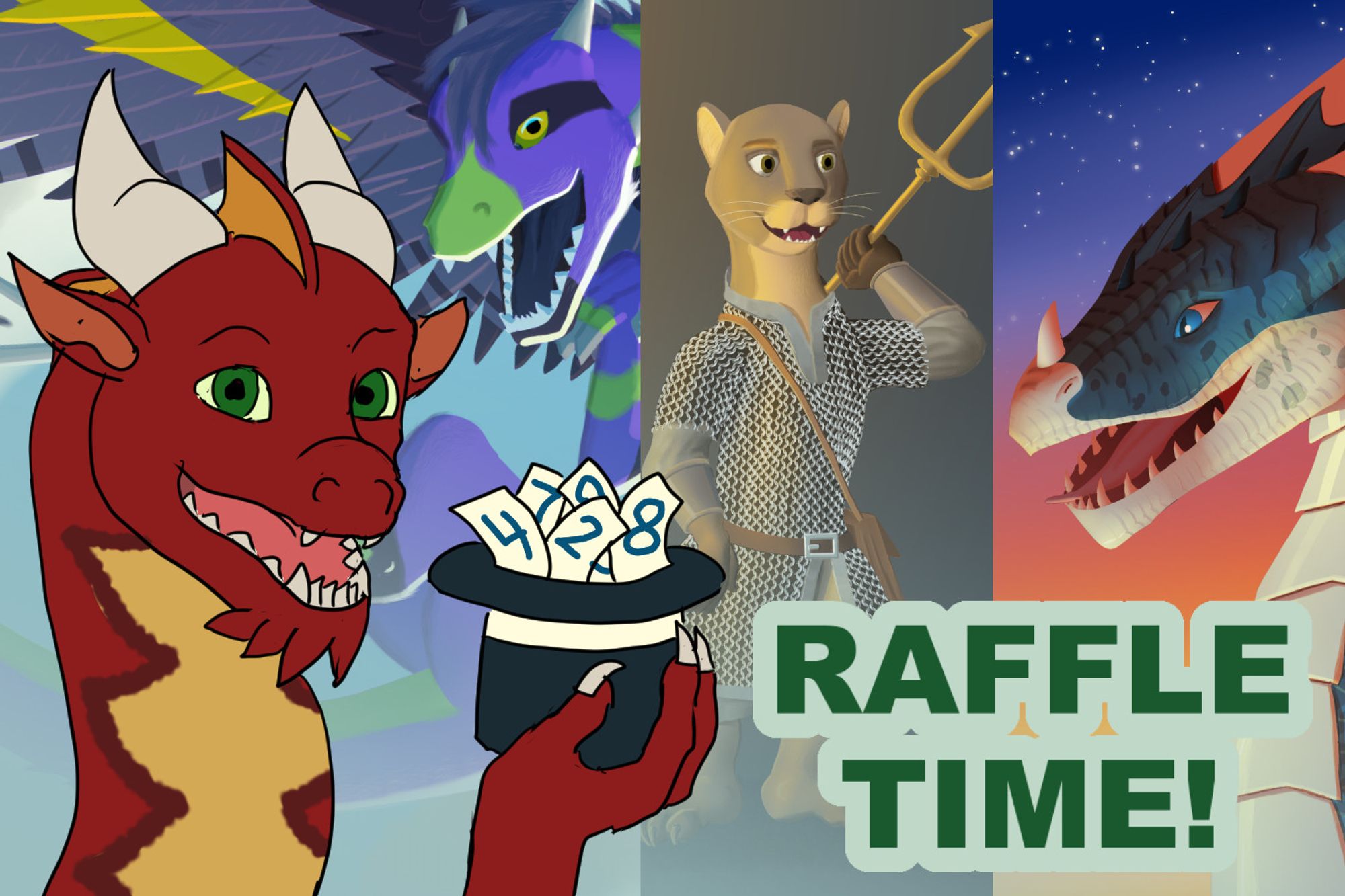 A dragon holding a hat full of raffle tickets, with various character arts behind him, with the caption "Raffle time!"