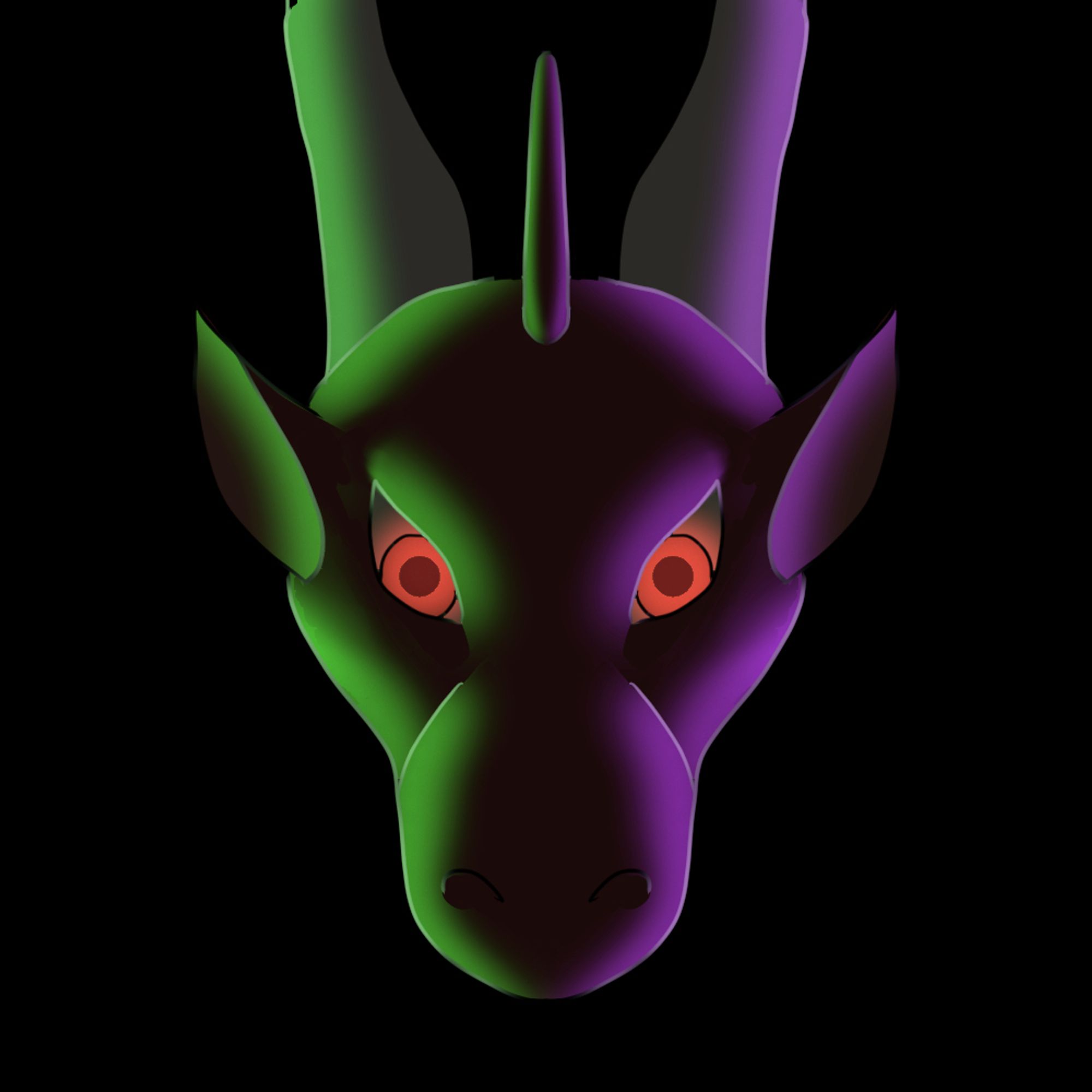 A dark digitally drawn headshot of a dragon with ears, horns and red eyes, side-lit in green on the left and purple on the right.