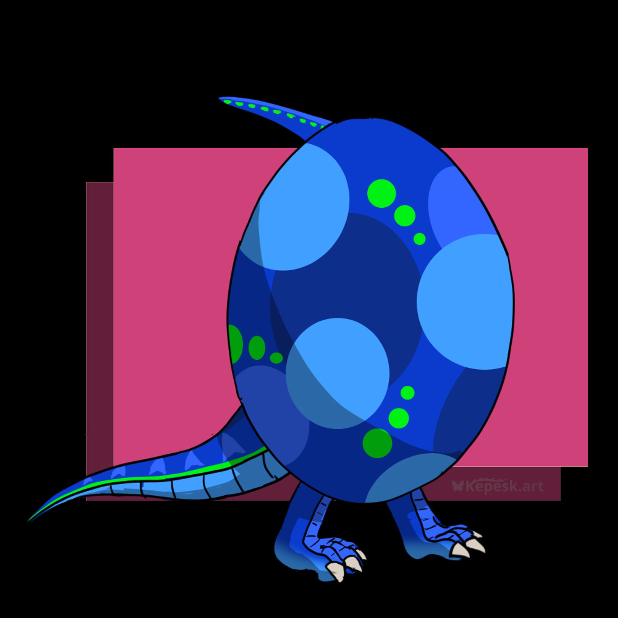 A digital drawing of a blue egg with a dragon tail, two dragon legs, and a crest sticking out of it.