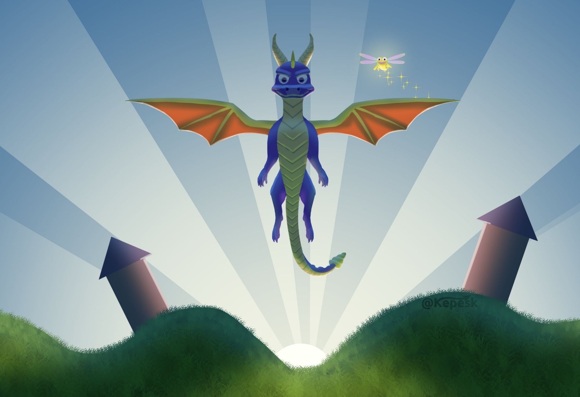 A digital painting of a Reignited-style Spyro the Dragon and Sparx the Dragonfly flying over an original-trilogy-style landscape, with a couple towers and a sunrise behind him.