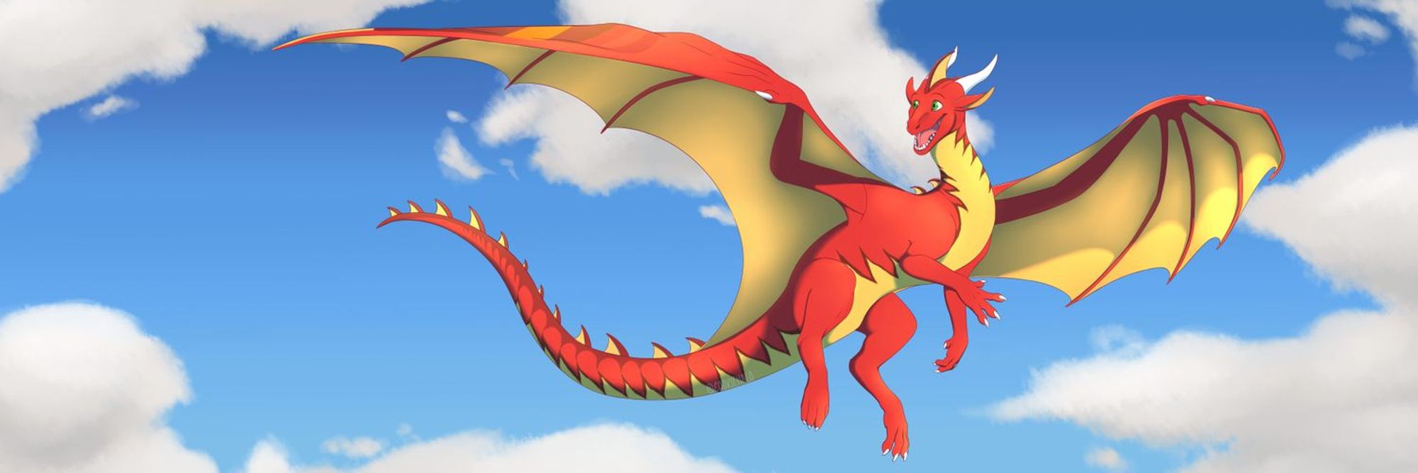 A red dragon flying through the sky.