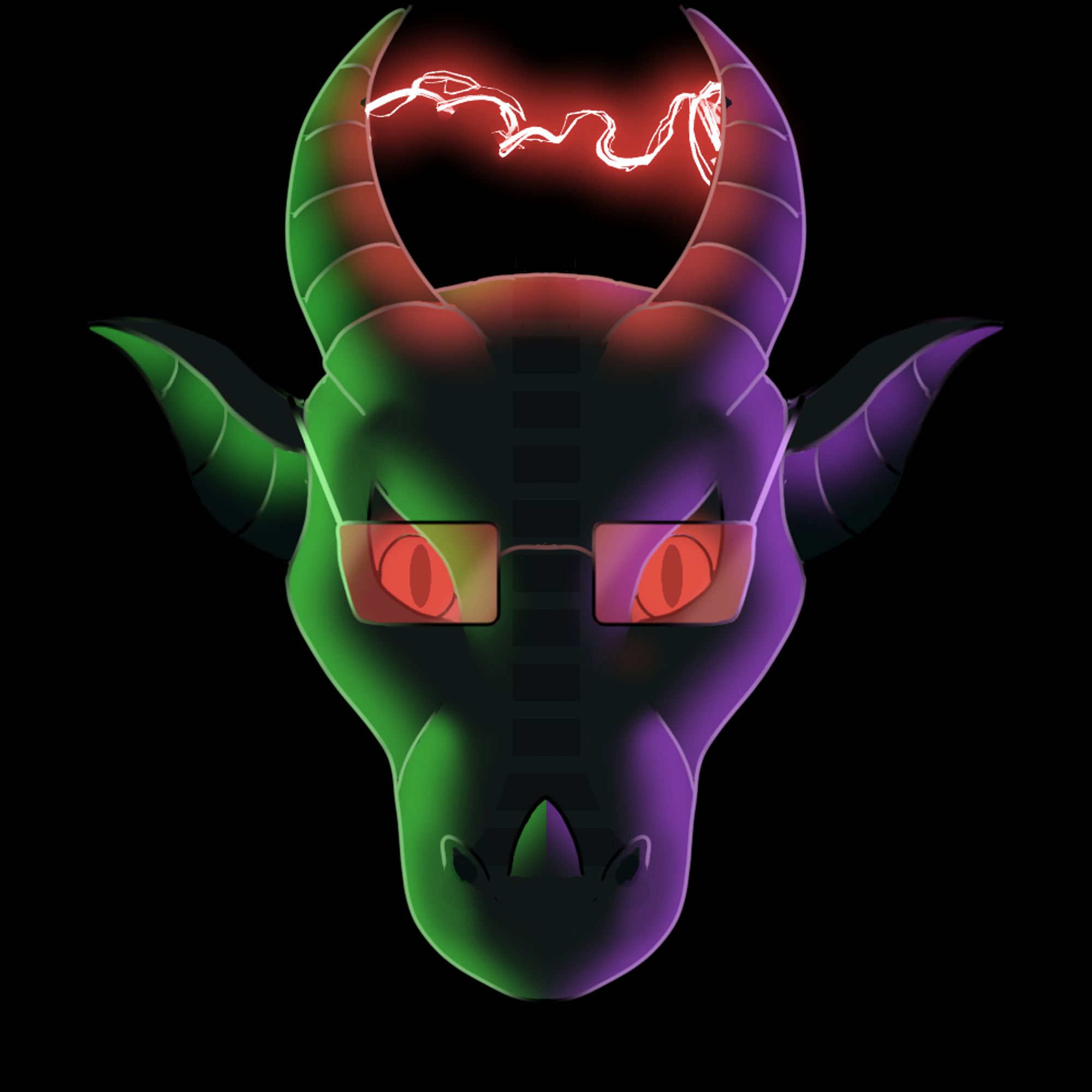 A dark digitally-drawn headshot of a dragon with ears, horns, red eyes, and a red electric arc between the horns, side-lit in green on the left and purple on the right.