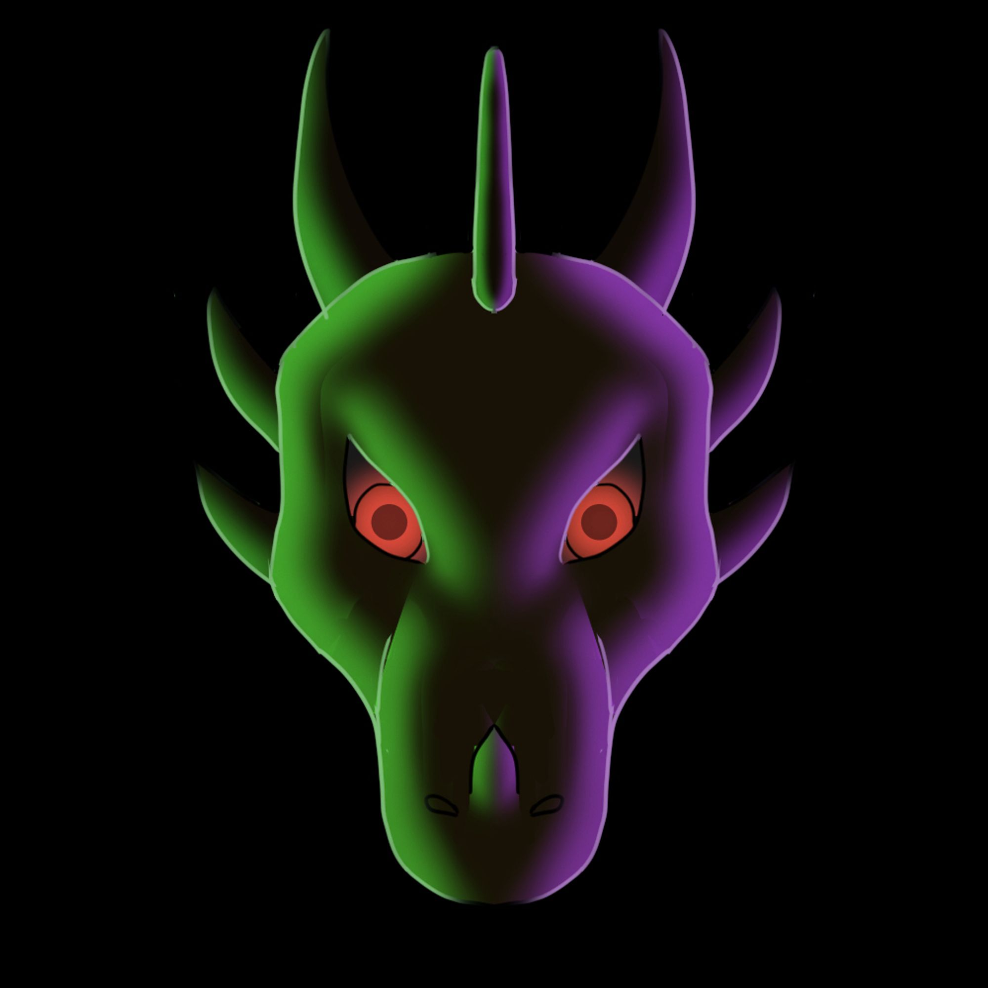 A dark digitally drawn headshot of a dragon with six horns and red eyes, side-lit in green on the left and purple on the right.