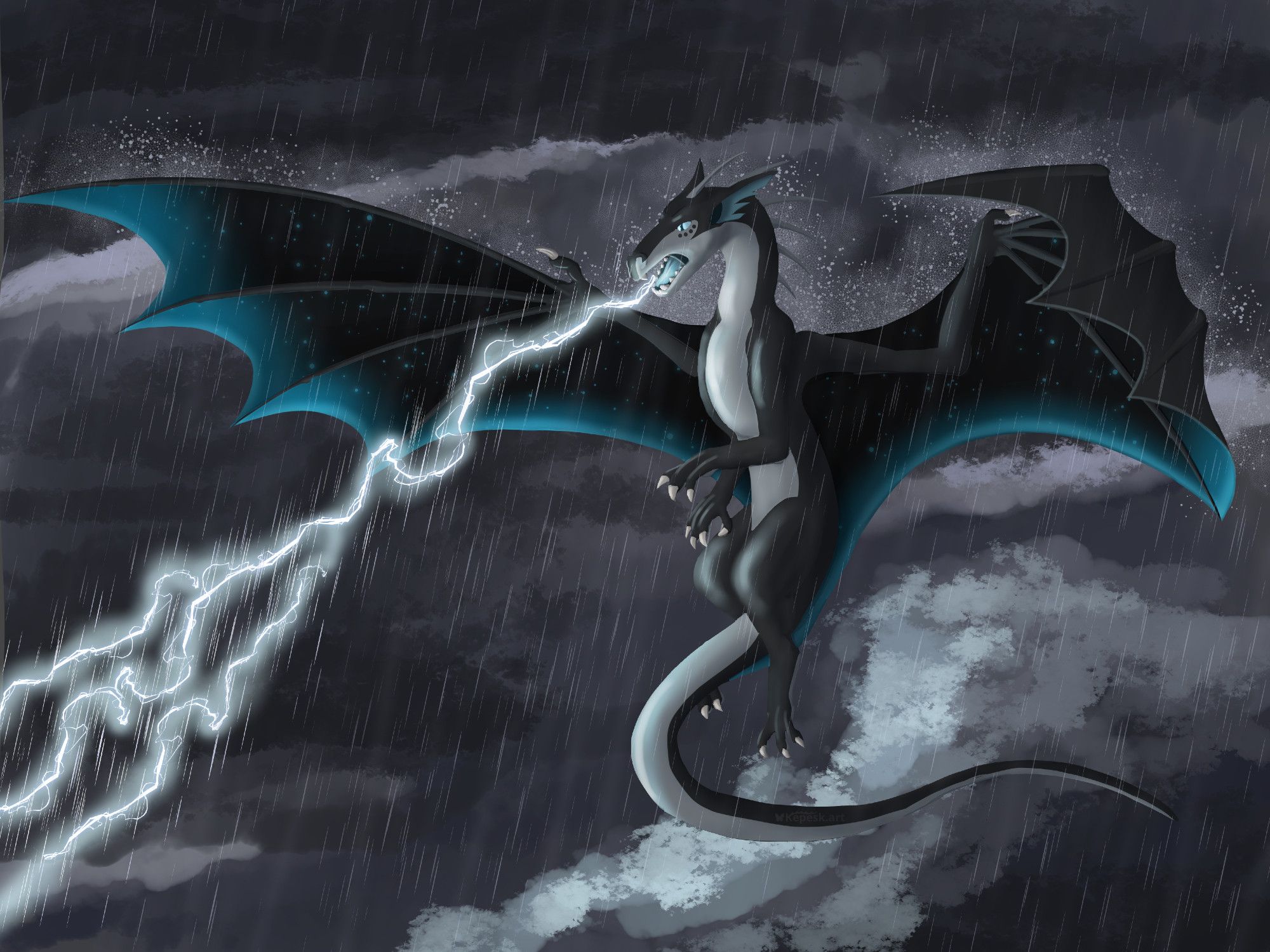 A digital painting of a black dragon with a white underside and blue edging on her wings.  She is flying in a stormy sky and breathing lightning at an unknown target.