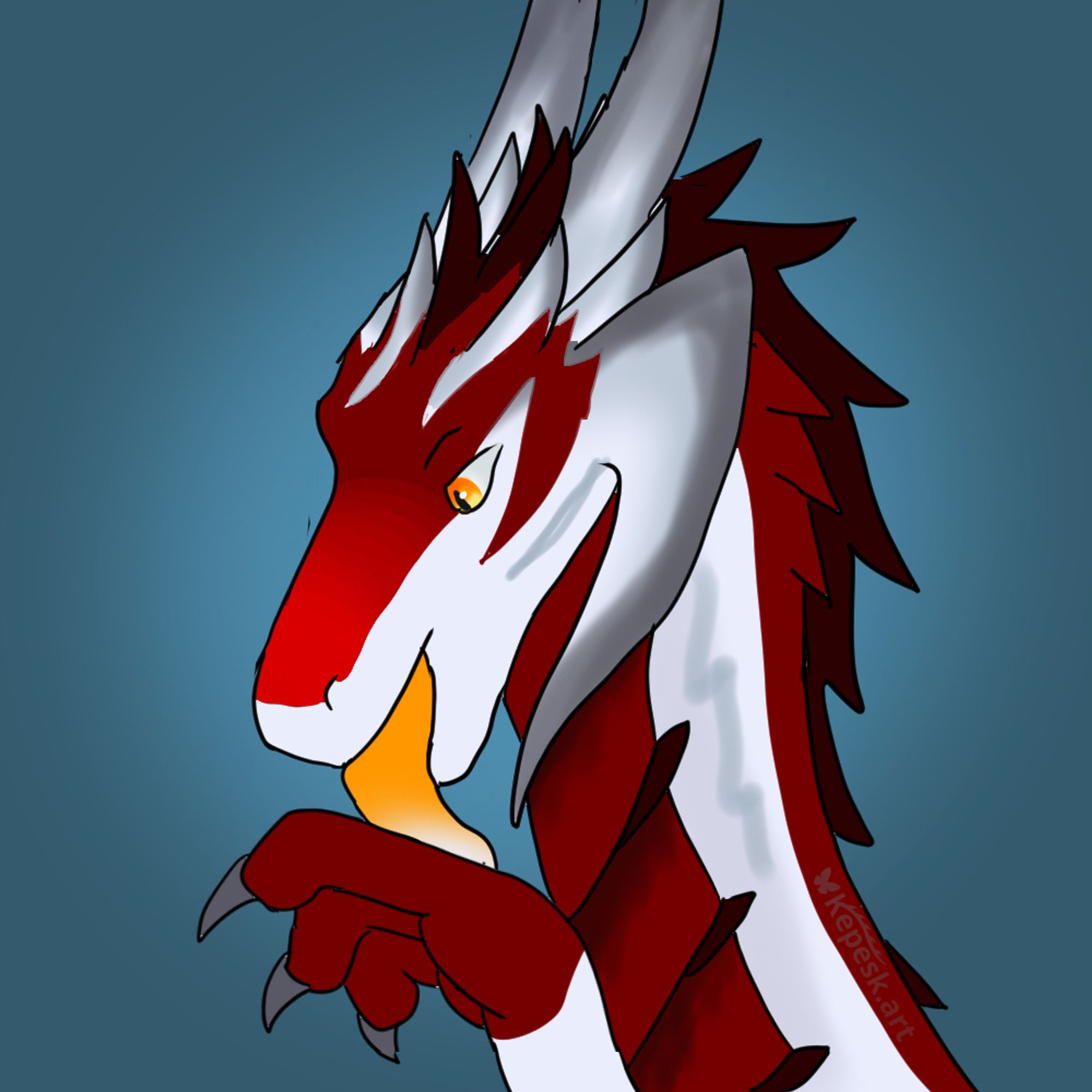 A white dragon with a red mane and underside and multiple grey horns on his head, licking his hand like a cat.