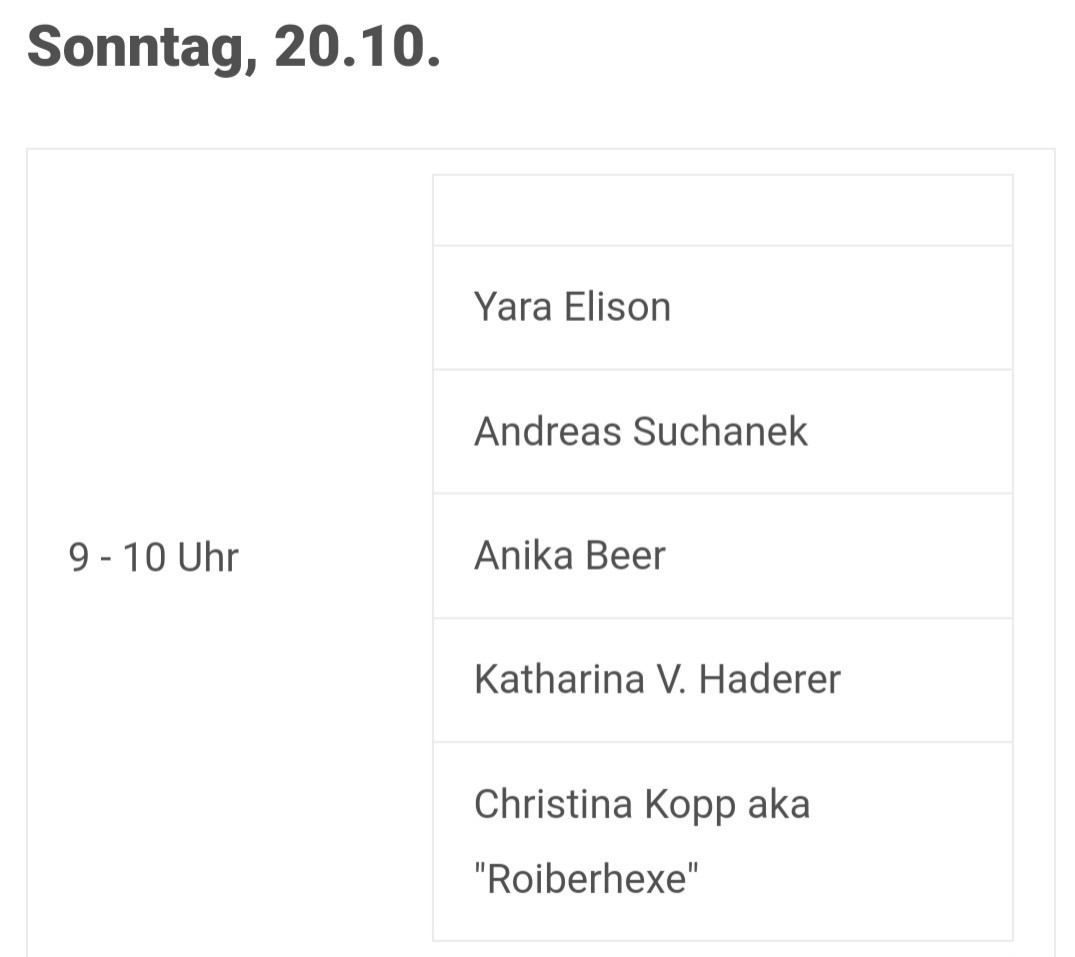 Info Sonntag 9-10 Uhr signierstunde yara Elison Andreas Suchanek Anika Beer Katharina V.Haderer Christina Kopp aka"Roiberhexe"