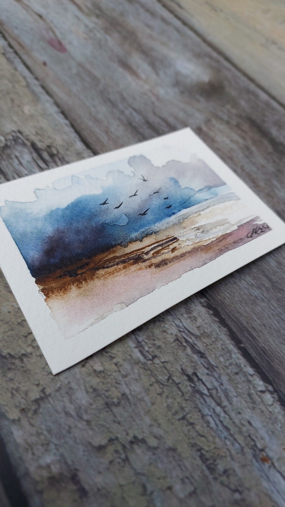 Aquarell mit maritimer oder steinigerLandschaft, abstrakt, lässt Spielraum für Empfingen über den Ort.dunkle Wolken am Himmel, Vögel fliegen. Anderer Aufnahmewinkel