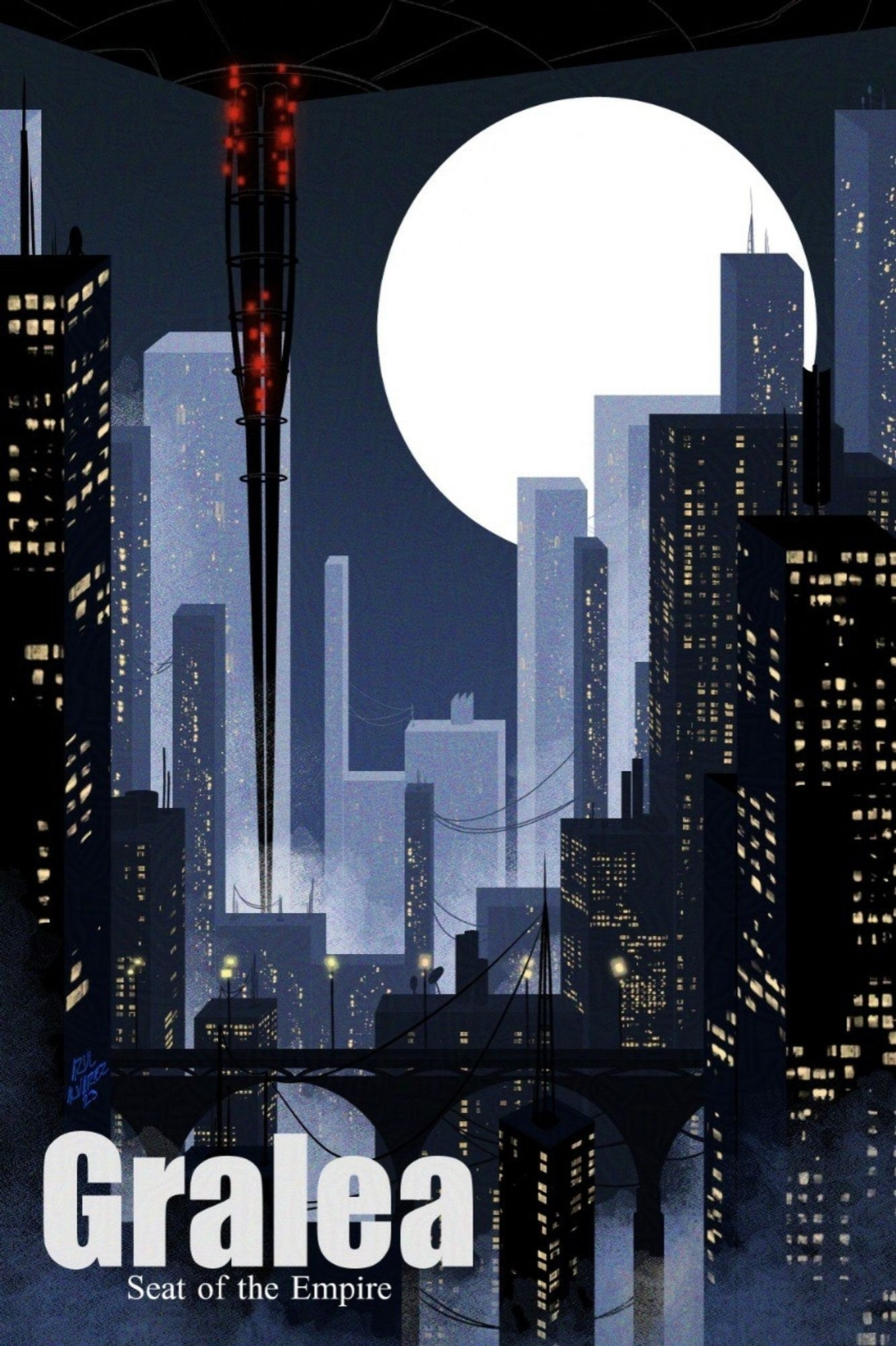 ●An illustration of Gralea, from FFXV. It's a city shot at night, there's a huge white moon on the background and several tall buildings come up all the way to the foreground. Zegnautus Keep, a huge disc like structure floats above it all. Text reads: Gralea, Seat of the Empire.