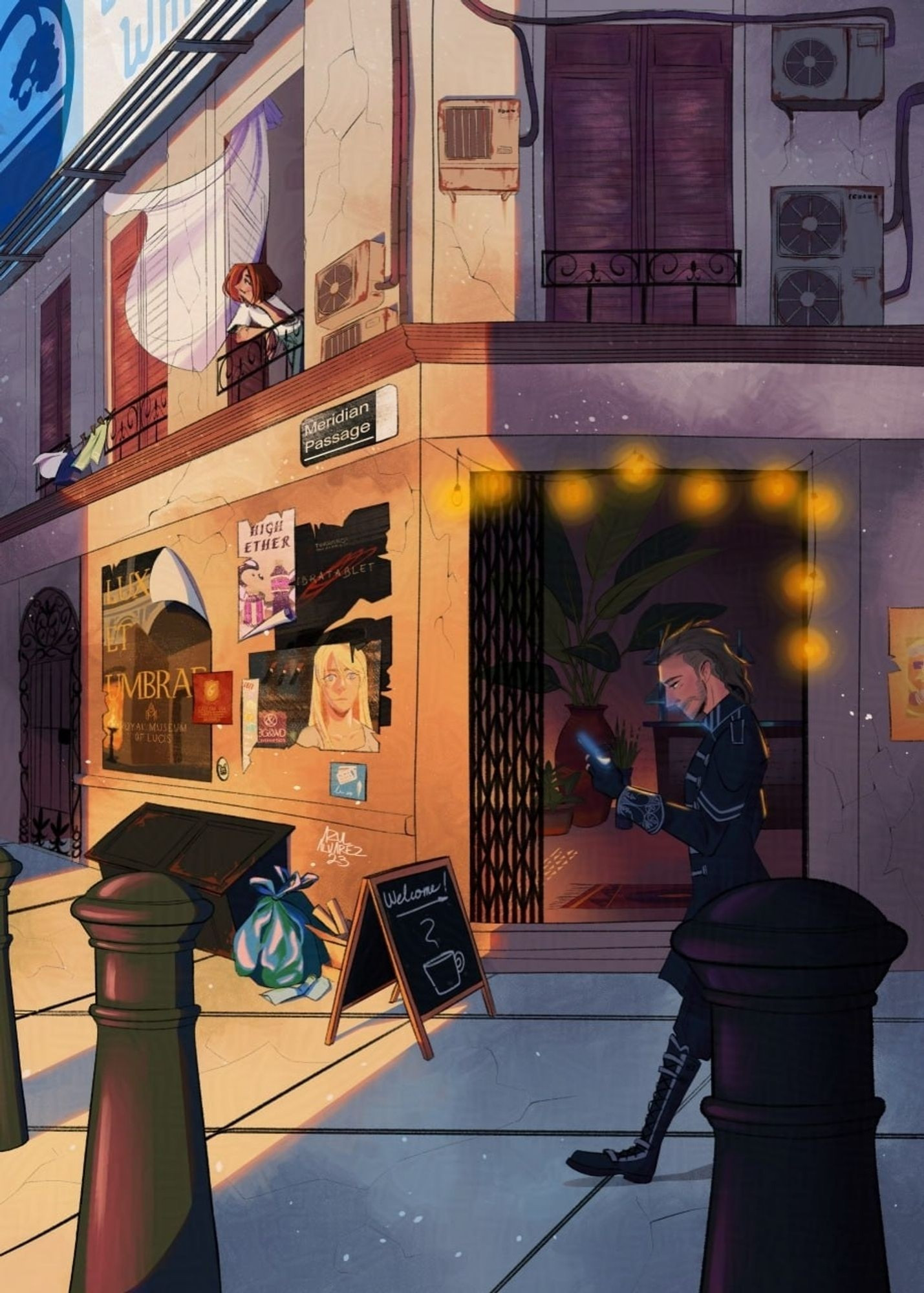 An illustration of a street of Insomnia from Final Fantasy XV. The main figure is an old two story building. There's several damaged posters in the wall at the left, on the front right there's the entrance to a cafeteria adorned with a chain of lights. Nyx is walking by while checking his phone.