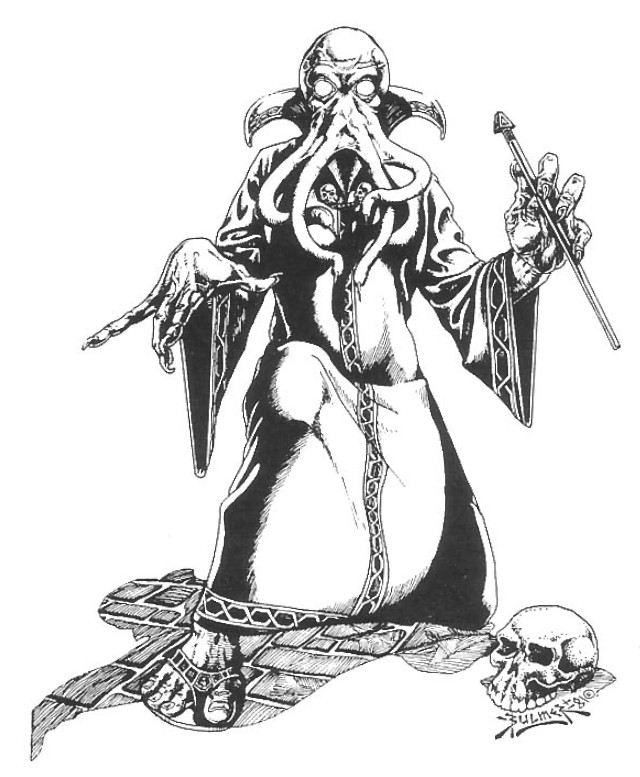 Black & white picture of a Mind Flayer (D&D monster, a humanoid with an octopus head, attacks with fearsome psionic powers). It is facing towards the viewer, dressed in a flowing robe, a magic wand in one hand, and a malevolent look in its eyes.