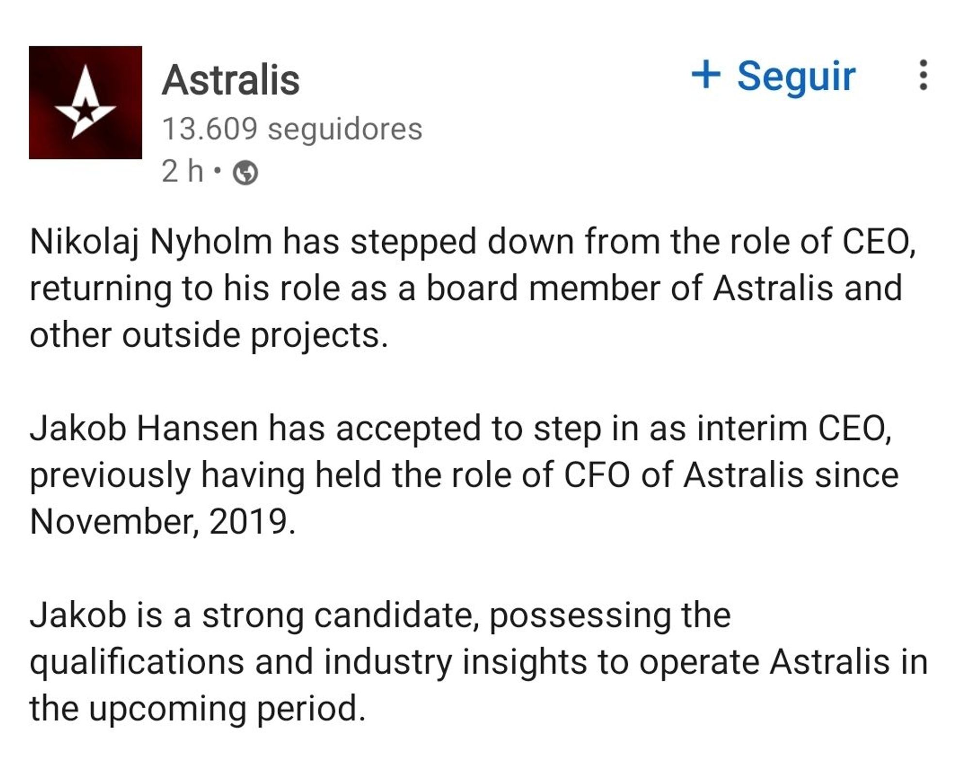 imagem tirada do linkedin com o anúncio da saída do CEO da Astralis