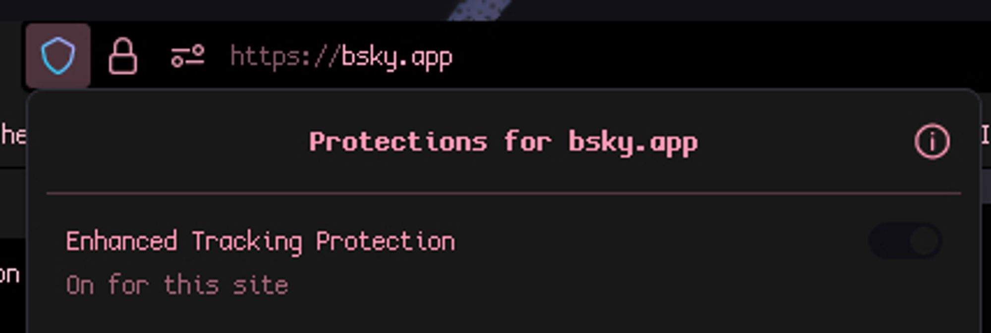 Protections for bsky.app

Enhanced Tracking Protection switched on for this site