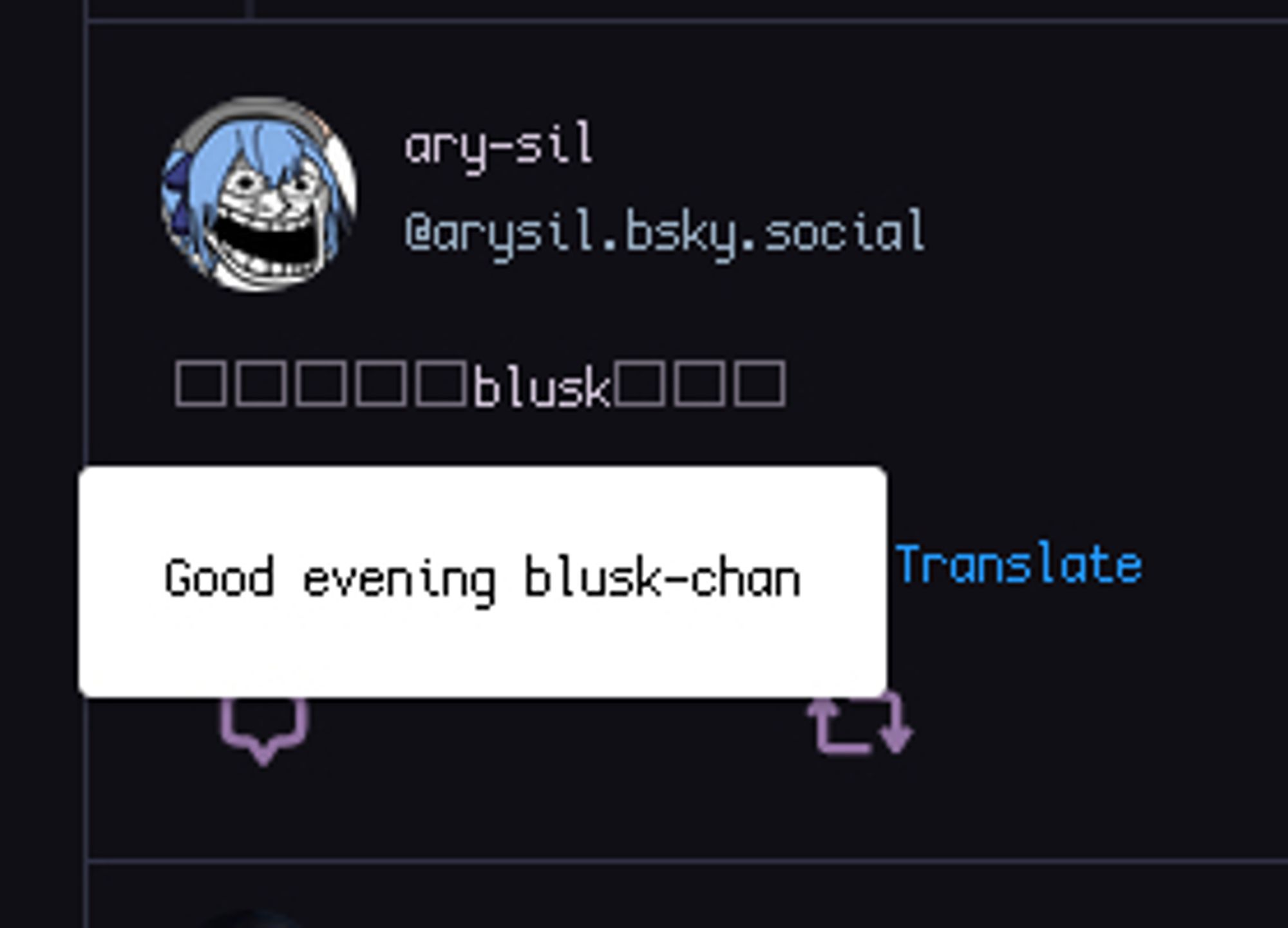 missing fonts for japanese text in tweet, Good evening blusk-chan is the translated