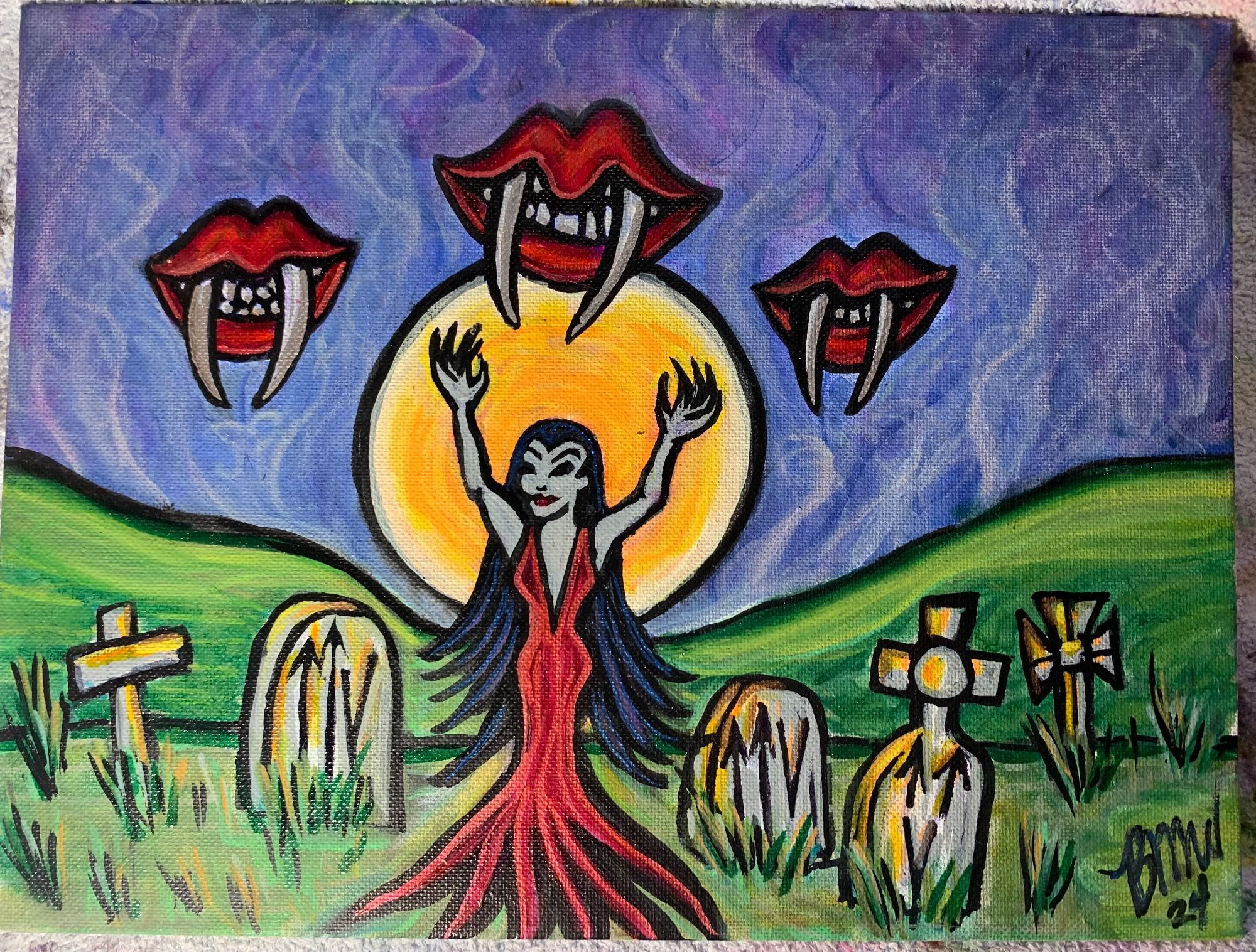 A stylized kind of cartoony painting of Vampira from the cult film, Plan 9 From Outer Space, by Ed Wood. Vampira is standing in a graveyard with the full orange harvest super moon behind her, just coming up from the horizon. 3 UFOs shaped like Rocky Horror red lips & teeth but with long spiky vampire fangs, fly overhead in the sky. Fog and mist rise into the atmosphere from the graveyard, which is overgrown and untended. Vampira is rocking long purple/blue/black hair & wearing a shimmery blood red witchy gown. She’s standing in a power pose as she calls her UFO minions with claw like hands. The gravestones are carved with Viking runes: “TTV”, representing justice and victory 

Art by Bethany McCraw 2024 “DENTAL PLAN 9” 

Acrylic, sharpie, paint pen, metallic pen on canvas 

Courtesy of Jackey Neyman Jones Online Art : The Hands of Paint thru Dumb Industries : The online art class for B Movie fans 

More info here: Dumb-Industries.com/Jackey