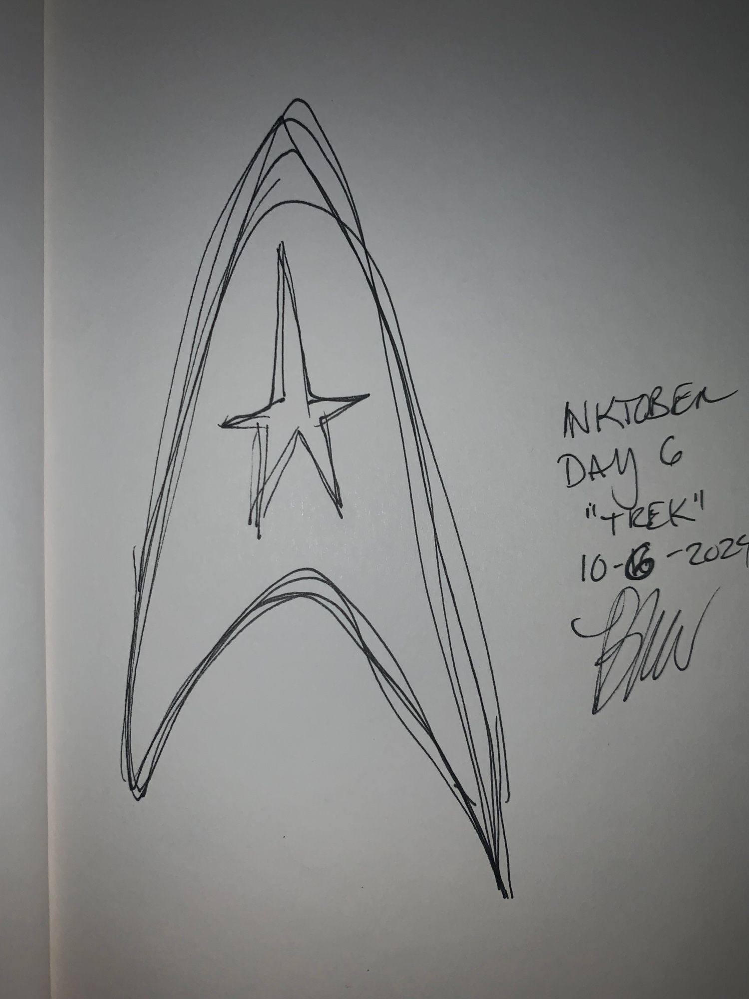 A simple line doodle of a Star Trek badge insignia with officer’s star on it

Inktober Day 6 

Prompt: Trek 

Title: Boldly 

Dedicated to Vanessa 

RIP.