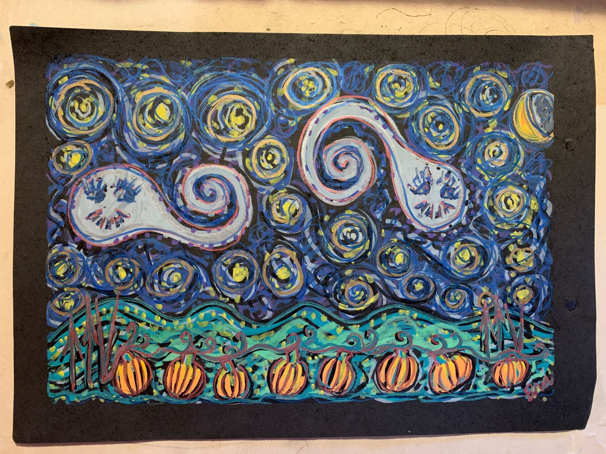 A colorful doodle of two swirly ghost shapes haunting a pumpkin patch at night in a sky full of stars with a crescent moon shining down. 

The style is meant to evoke Van Gogh's "Starry Night", though the image is juvenile and simple, being somewhat cartoony 


Happy spooky season, skeetzerz 