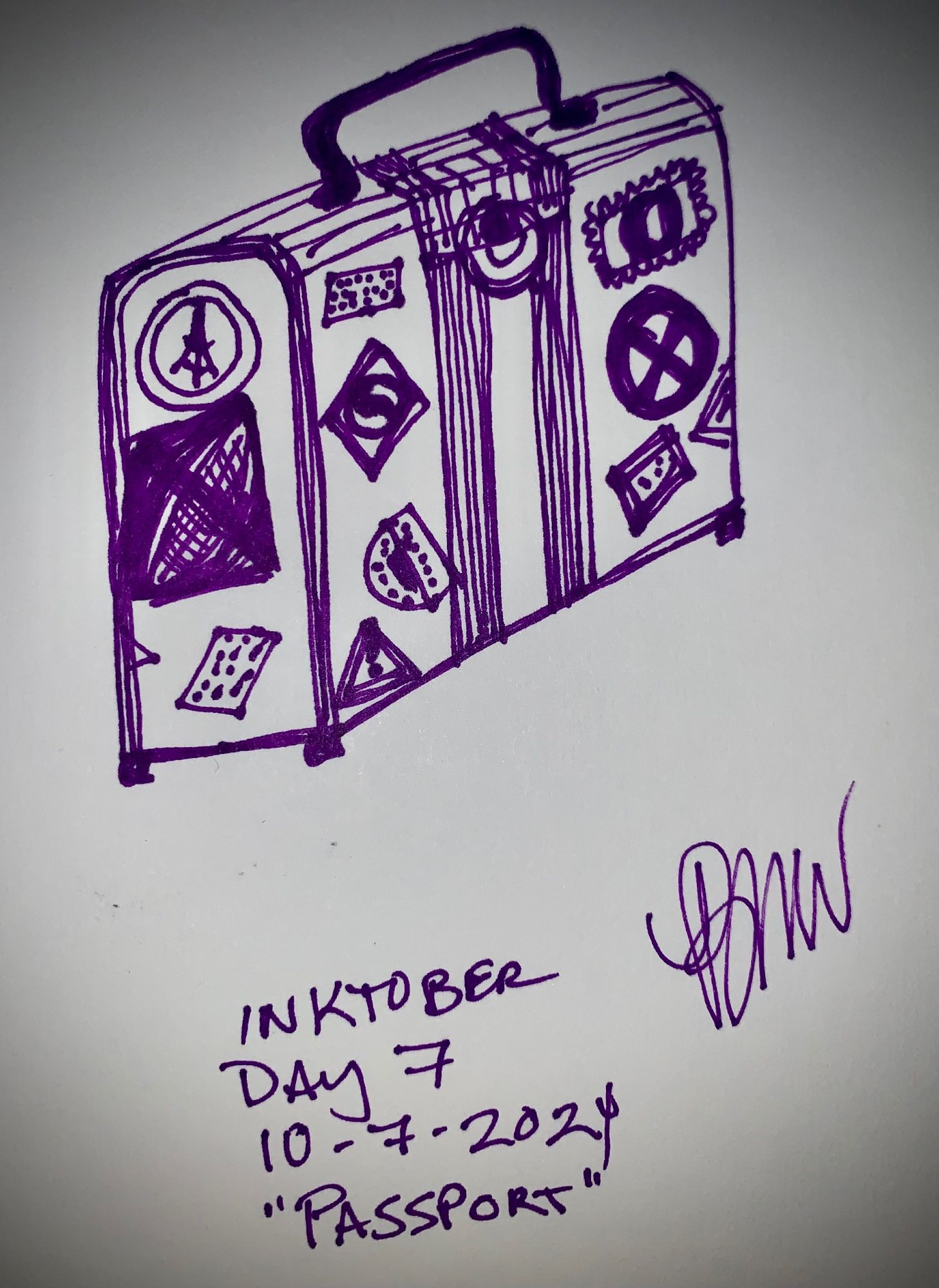 A simple line doodle of a well worn, world traveled old fashioned leather suitcase, with a buckle closure, covered in stickers from traveling to places unknown 

The doodle is done entirely in fine point purple sharpie 

Inktober Day 7 
10-7-2024 

Prompt: “Passport”

Title: “Going Places” 

Art by Bethany McCraw