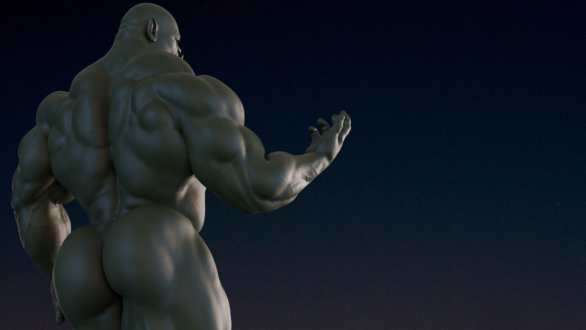 Various CGI renders of a obscenely muscular, naked Orc-man in different poses. Mostly showing off his ass because that's what kind of account this is.
