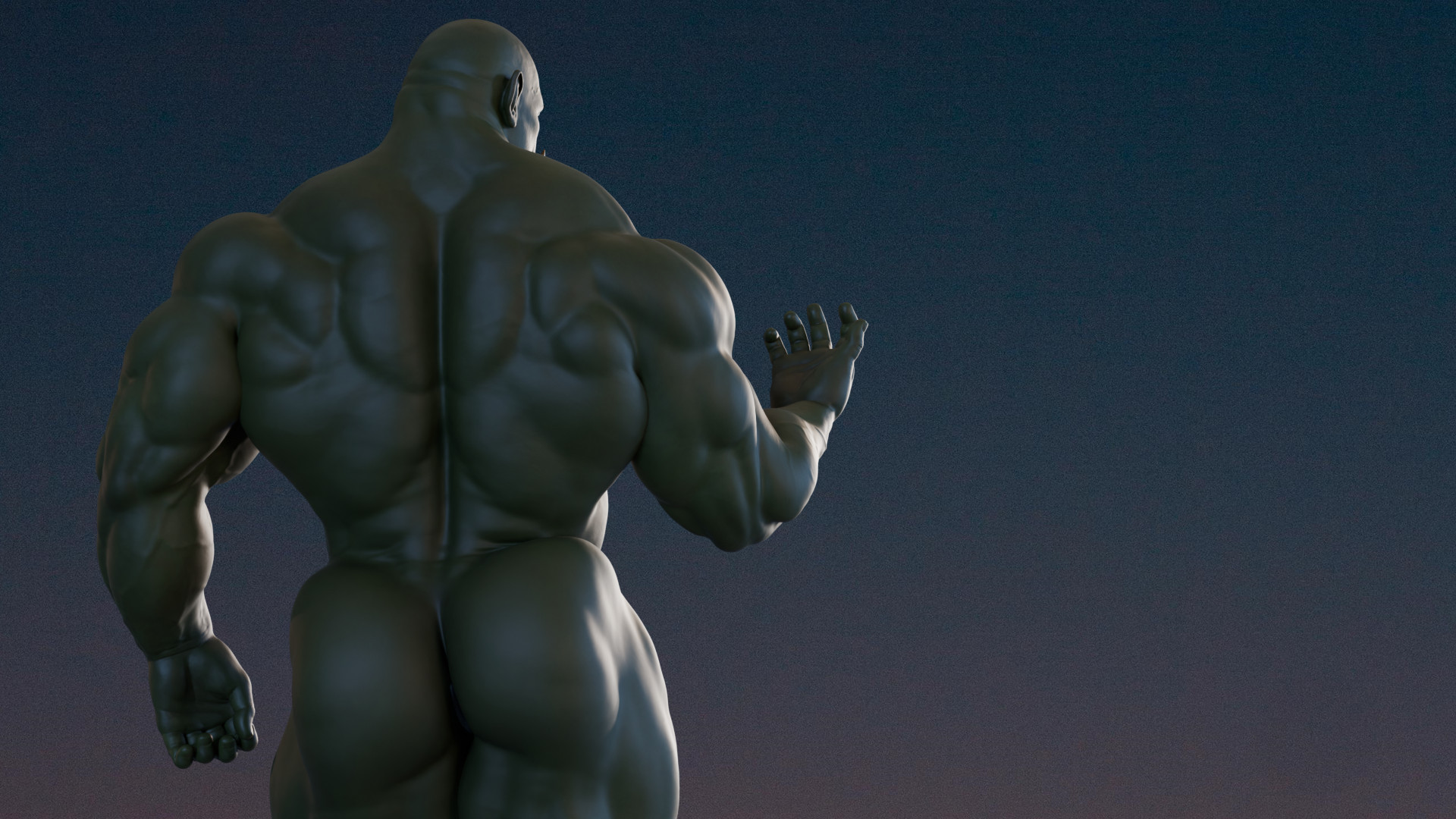 Various CGI renders of a obscenely muscular, naked Orc-man in different poses. Mostly showing off his ass because that's what kind of account this is.