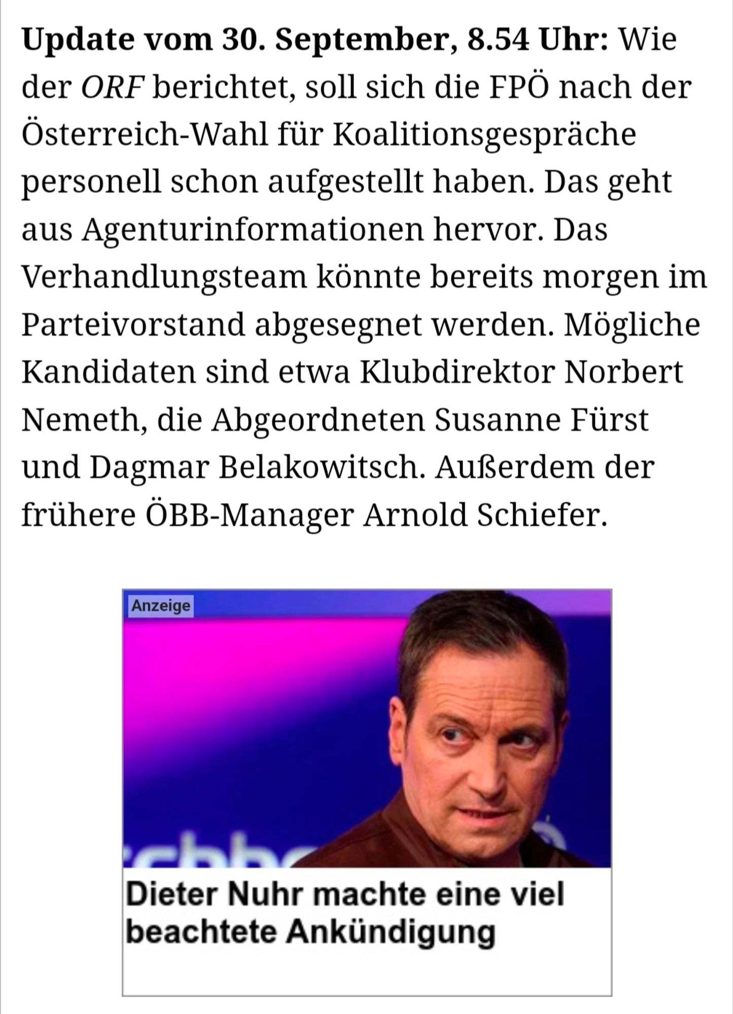 Unter einem Presseupdate zur Wahl in Österreich, in dem über die Personalauswahl zu Koalitionsgesprächen berichtet wird, sitzt prominent eine Werbeanzeige mit dem Konterfei des alten weißen Mannes Dieter Nuhr, die ominös verkündet, der alte weiße Mann macht eine viel beachtete Ankündigung, und die Kombi mit den österreichischen Nazis ist einfach perfekt.