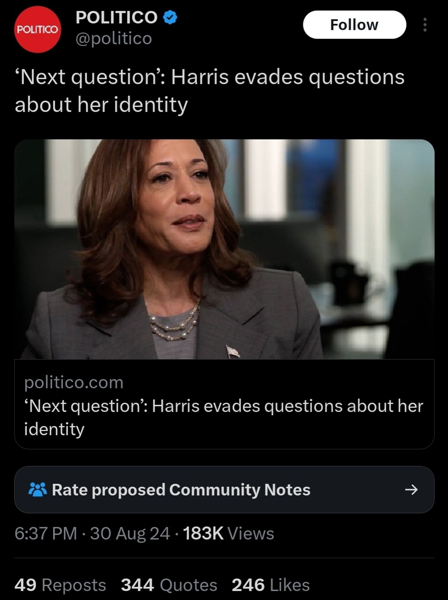 Politico tweet: ‘Next question’: Harris evades questions about her identity