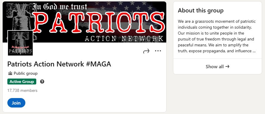 Patriots Action Network #MAGA LinkedIn Group: https://www.linkedin.com/groups/14244691/